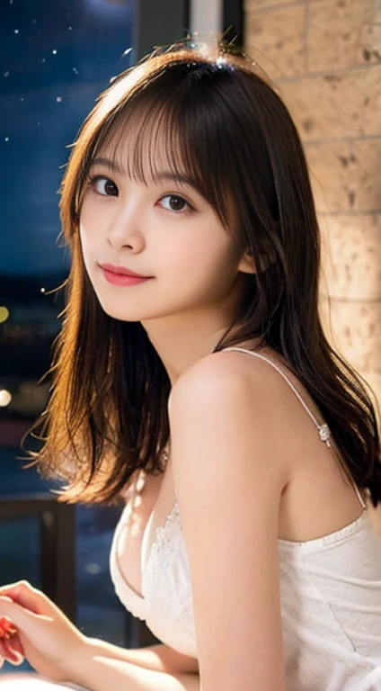 masutepiece, Best Quality, Illustration, Ultra-detailed, finely detail, hight resolution, 8K Wallpaper, Perfect dynamic composition, Beautiful detailed eyes, Natural Lip, Cute camisole, Small breasts, Randomly cute poses,Raw photo,cute🩷,ssmile,nighttime scene