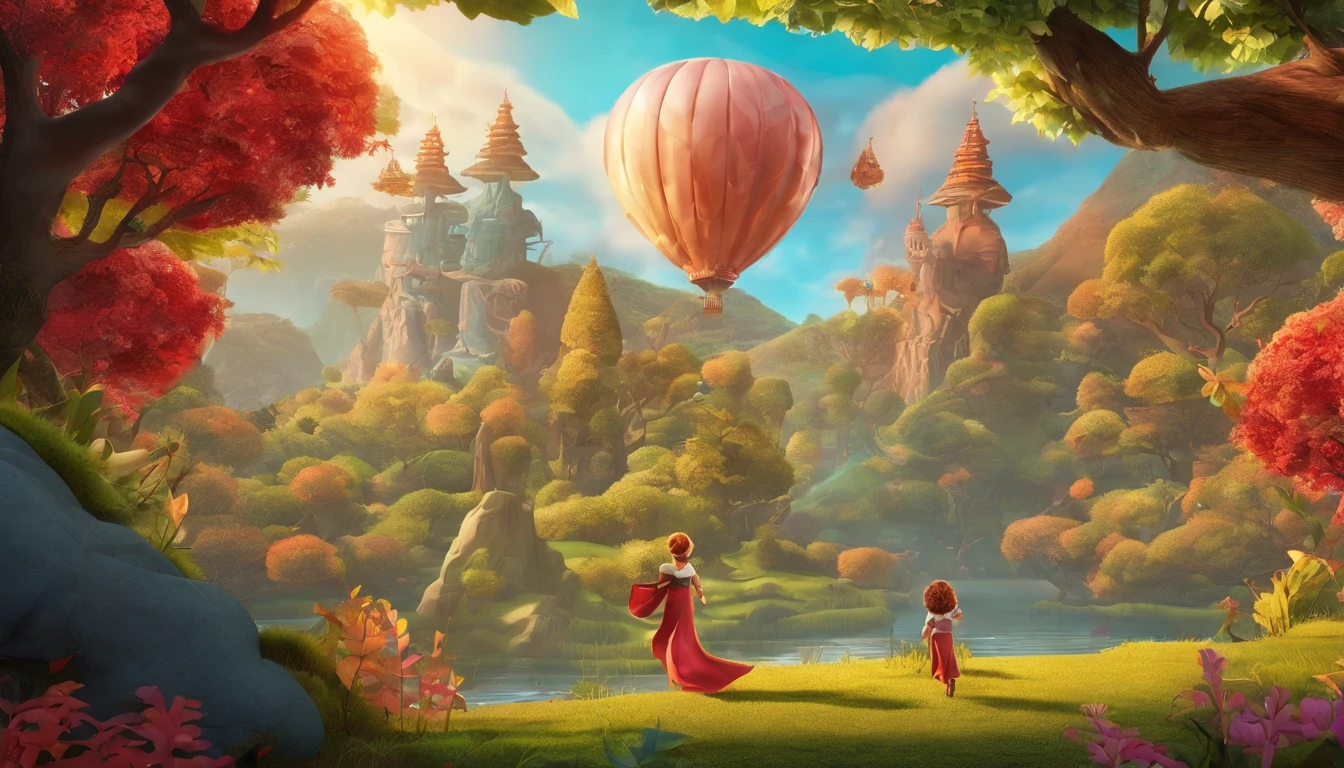 Very beautiful boy and girl 3D,Riding cartoon fish,Flying in the air over the red forest,New Year atmosphere ,Large depth of field perspective,Dreamism,Vivid effects and details,Excellent picture quality,A high resolution