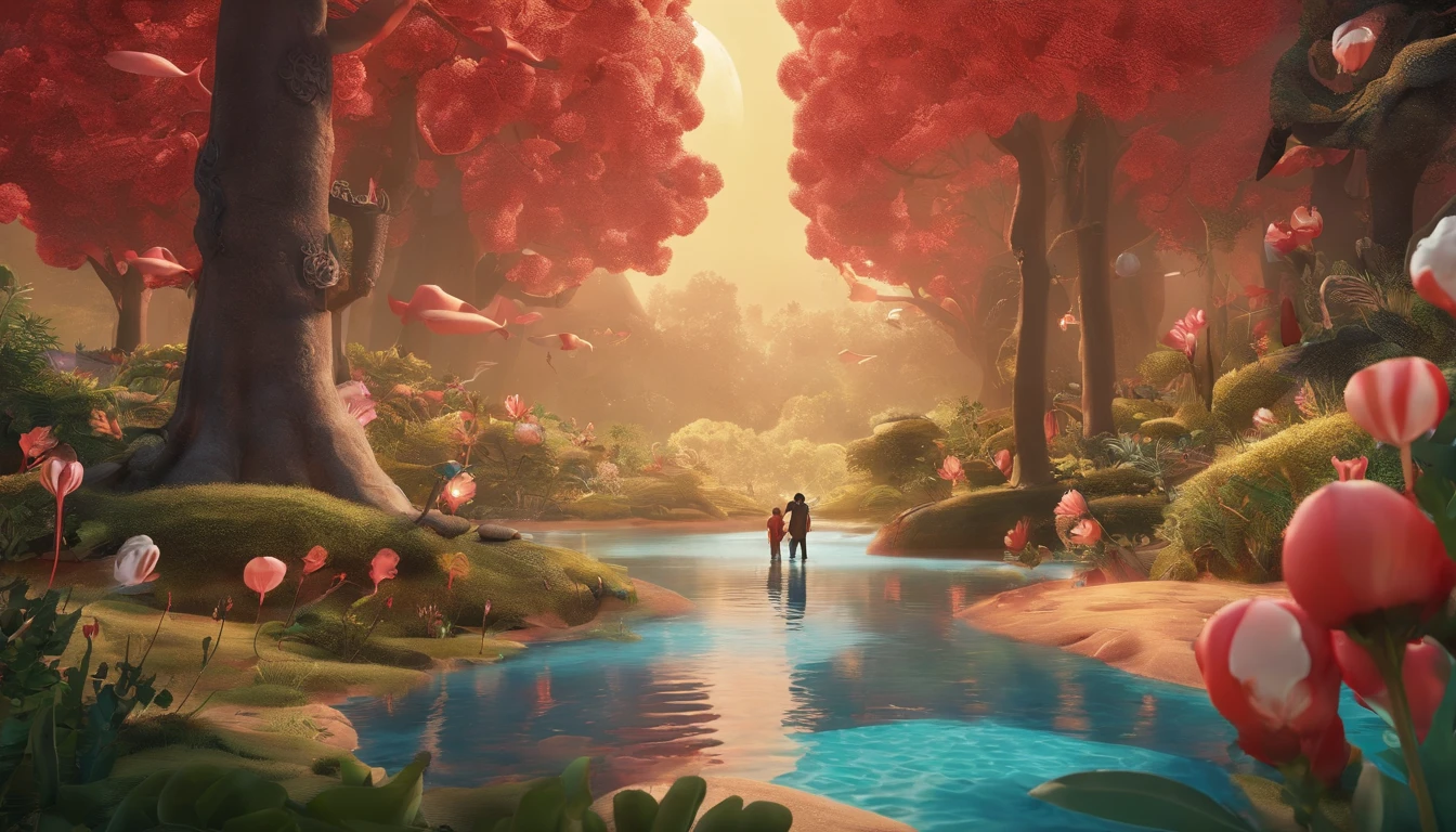 Very beautiful boy and girl 3D，Riding cartoon fish，Flying in the air over the red forest，New Year atmosphere ，Large depth of field perspective，Dreamism，Vivid effects and details，Excellent picture quality，A high resolution