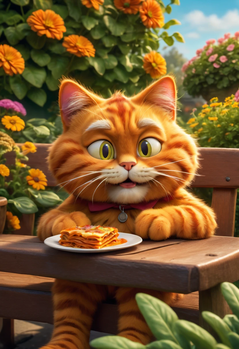 a mischievous Garfield with playful eyes,fluffy orange fur,naughty expression,sitting on a vibrant garden bench,enjoying a plate full of lasagna,staring at a bird with curiosity,beautifully illustrated in a cartoon style,with vibrant colors and sharp details,a masterpiece:1.2,ultra-detailed,photorealistic,enhanced with HDR and studio lighting,showcasing the rich textures of Garfield's fur and the vibrant colors of the garden scene.