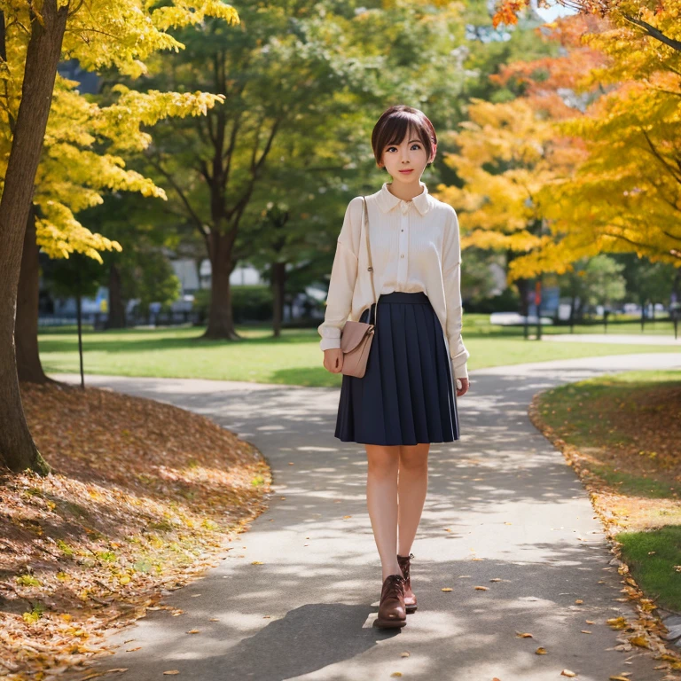 1womanl、24 year old、season、autumnal、a park、Shorthair、skirt by the