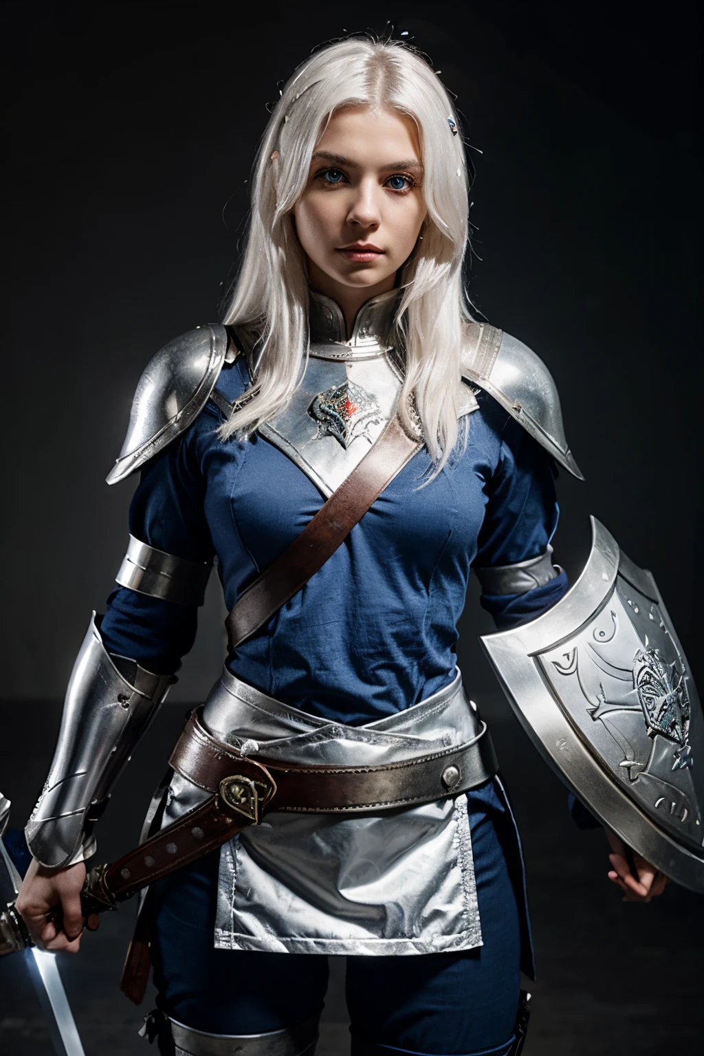 Femal warrior white hair,silver armor light reflect and red and blue line ,blue eye,equip sword and shield