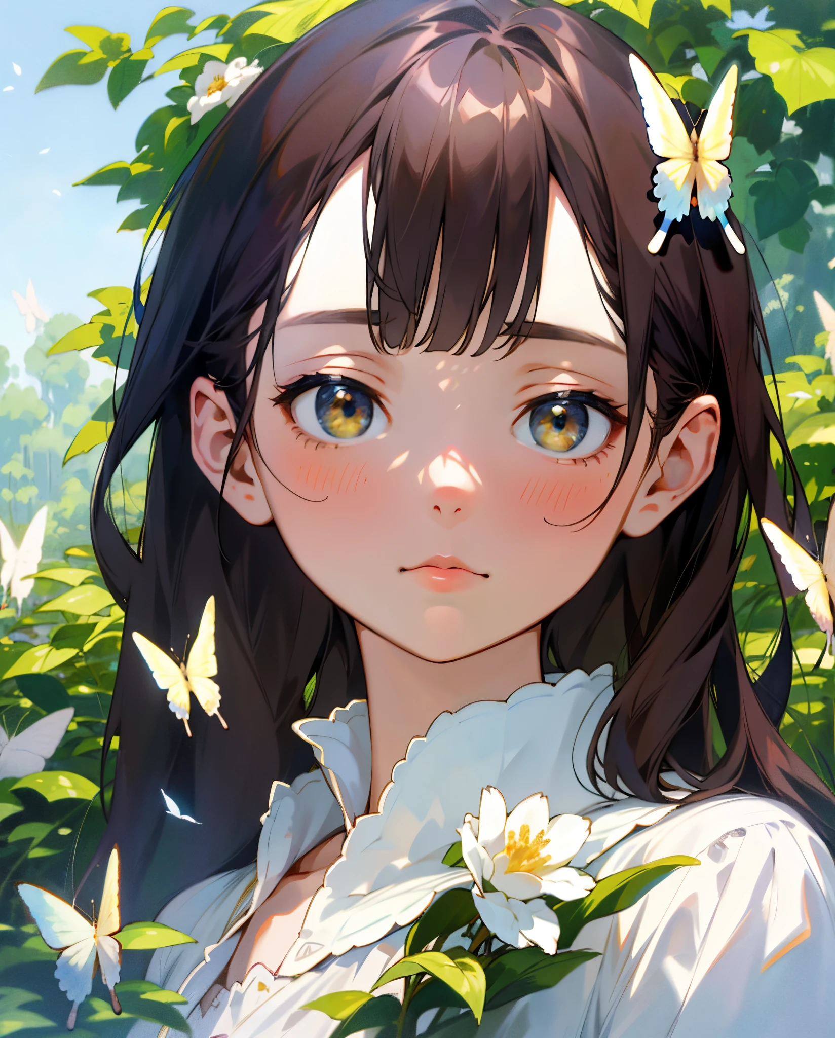 (top quality, masterpiece, hyperrealism), one beautiful and delicate portrait of a girl with a soft and peaceful look, background landscape of a garden with flowers and butterflies flying around, dark hair.