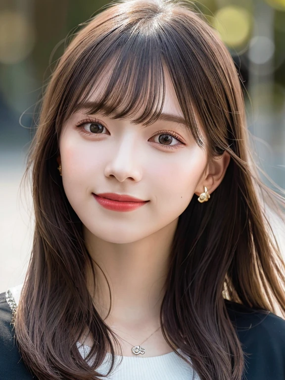 Top Quality, Realistic, 8K, Solo, Smile, Masterpiece, One Girl, Bokeh, Depth of Field, Professional Lighting, High Resolution, Gorgeous, Bangs, Lens Flare, Cute, Photorealistic : 1.37, Earrings, RAW Photography, Absurdity, Watching Viewer, Skindentation, Female, Full Body, Masterpiece: 1.2, Portrait: 0.6, Necklace, pureerosface_v1,　skinny, dynamic pose, mole, floating hair, lips