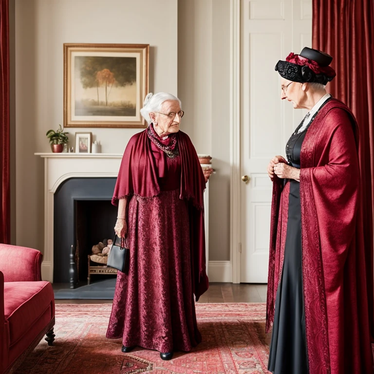 An old lady wearing a victorian gown and a shawl, dark red and cooper, in a vintage living room