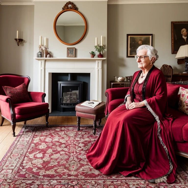 An old lady wearing a victorian gown and a shawl, dark red and cooper, in a vintage living room