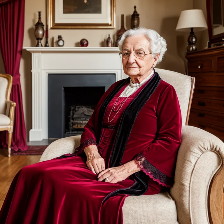 An old lady wearing a victorian gown and a shawl, dark red and cooper, in a vintage living room