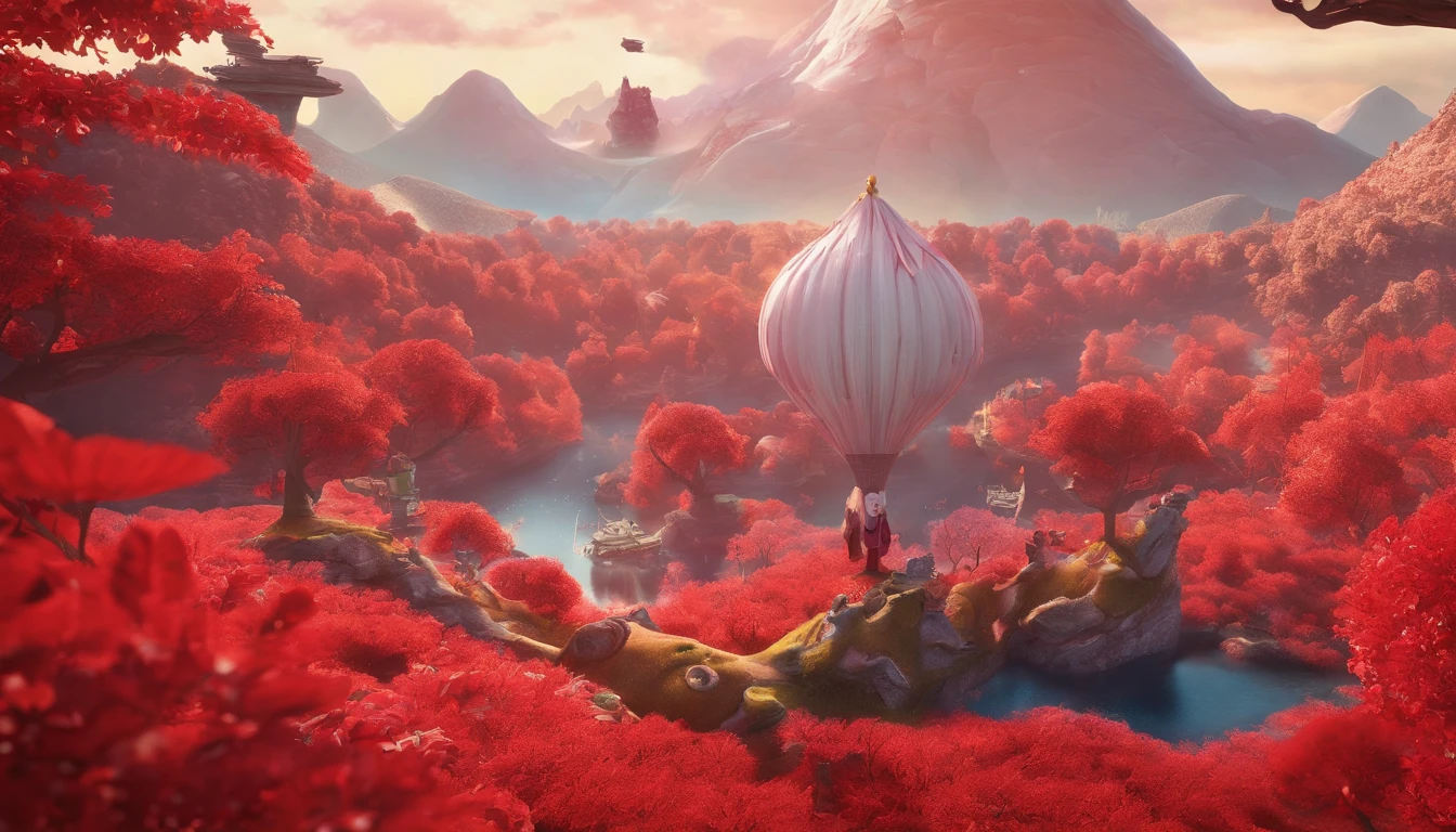 Very beautiful boy and girl 3D,Flying in the air over the red forest,New Year atmosphere ,Large depth of field perspective,Dreamism,Vivid effects and details,Excellent picture quality,A high resolution