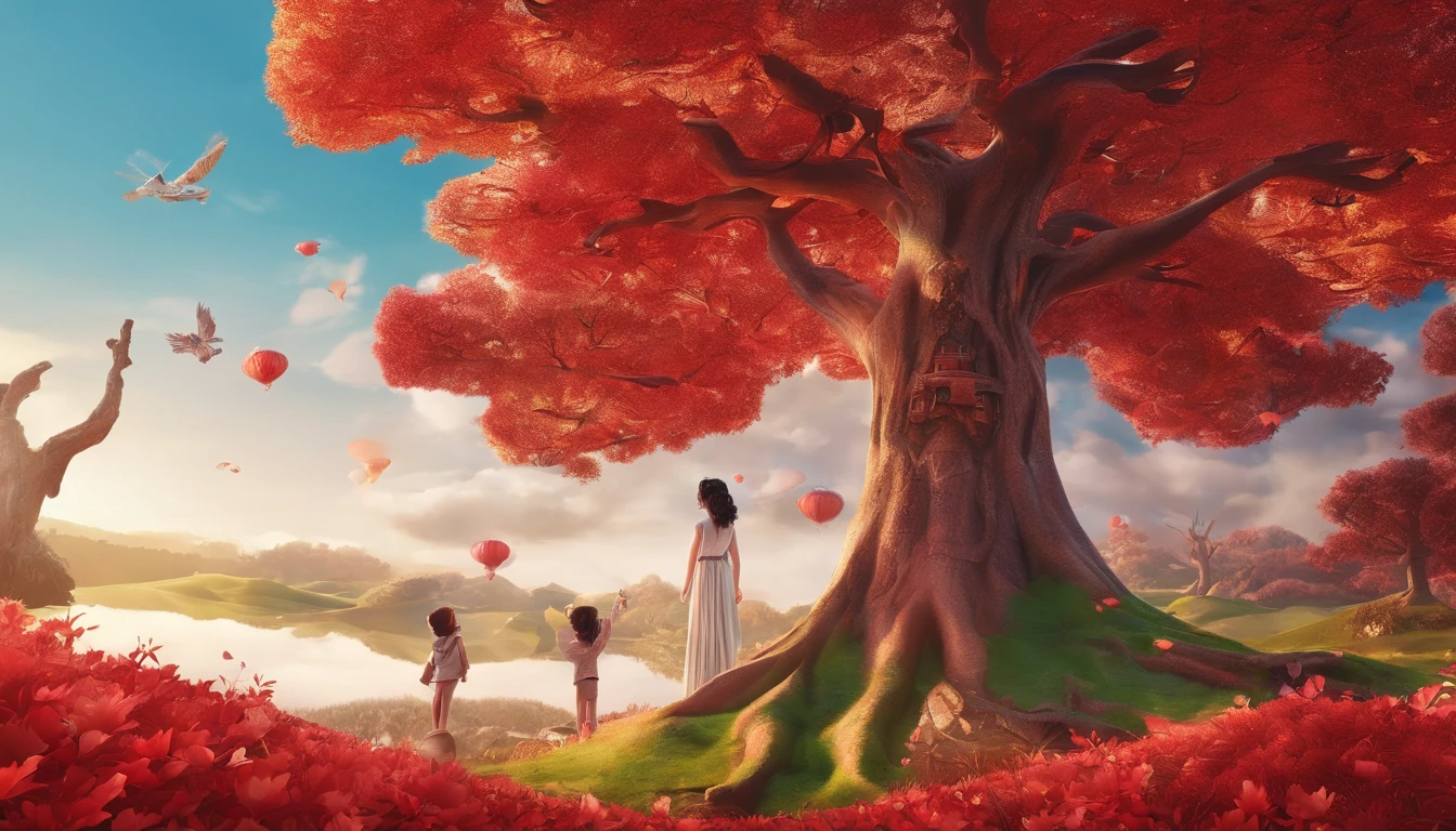 Very beautiful boy and girl 3D，Flying in the air over the red forest，New Year atmosphere ，Large depth of field perspective，Dreamism，Vivid effects and details，Excellent picture quality，A high resolution