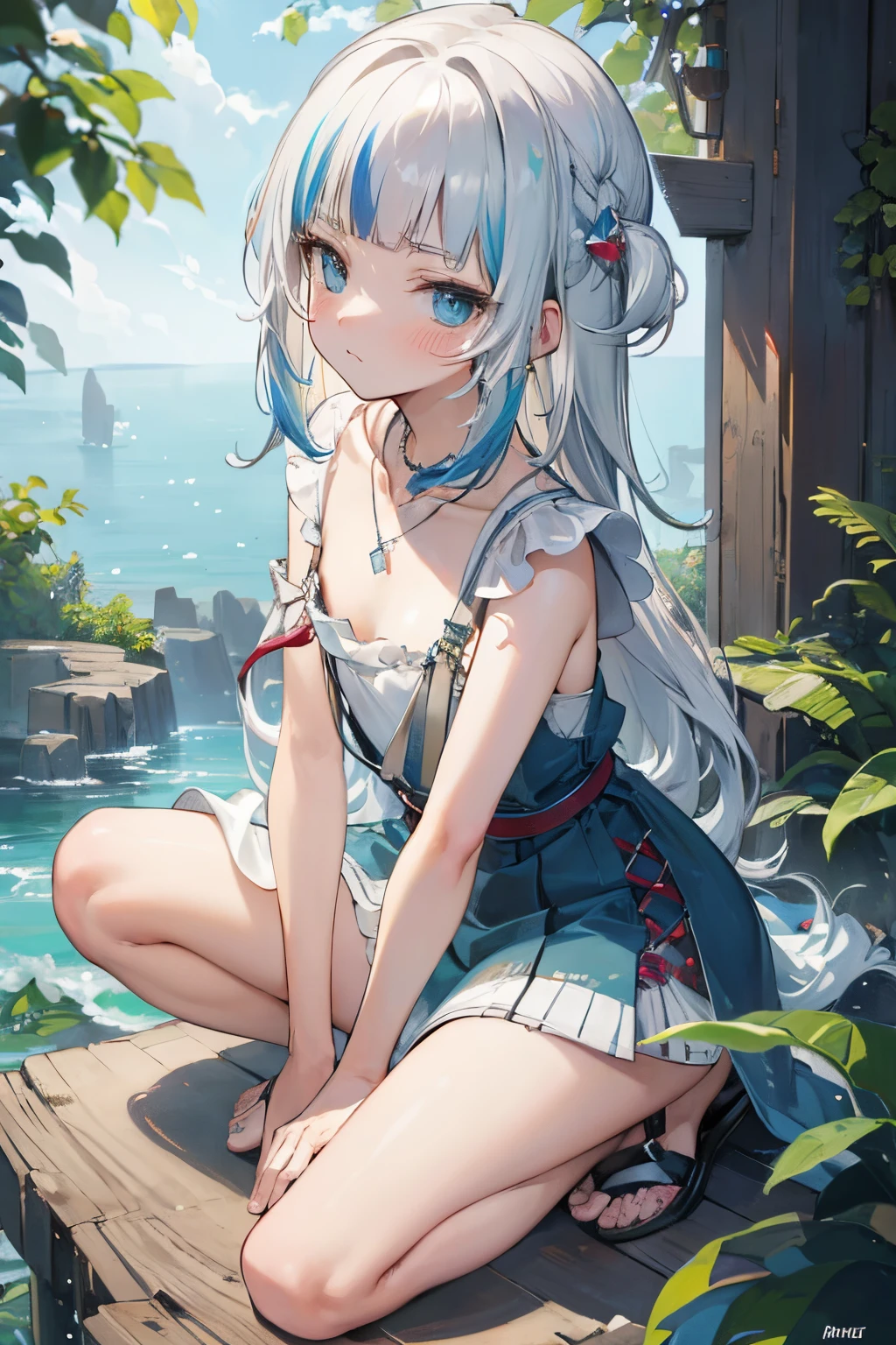 ((Gawr gura)), ((Masterpiece)), (Professional Photography:1.2), ((best quality)), (flat chest), (sad face, very blush), 1girl, slim, slender, silky long hair, (exposed flat chest), (slightly exposed beautiful nipple), leaning forward, facing viewer, very oversized Thin dress, strappy sandals, simple hoop earrings, shell necklace, areola slip, down blouse, nature, (yoga pose), studios, serene spaces,