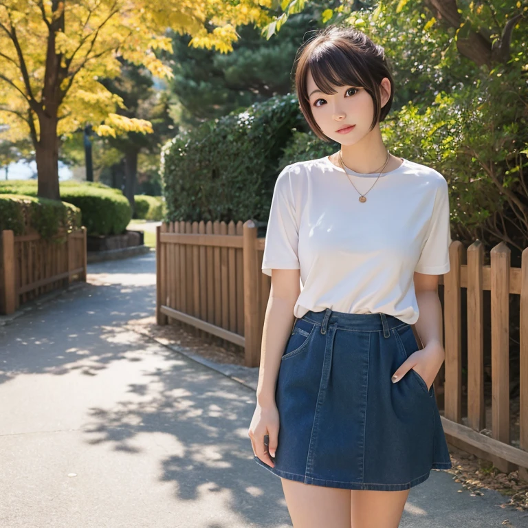 1womanl、24 year old、season、autumnal、a park、Shorthair、skirt by the
