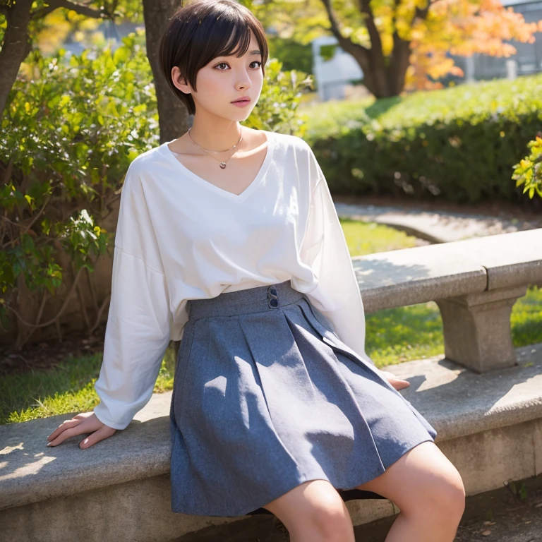 1womanl、24 year old、season、autumnal、a park、Shorthair、skirt by the