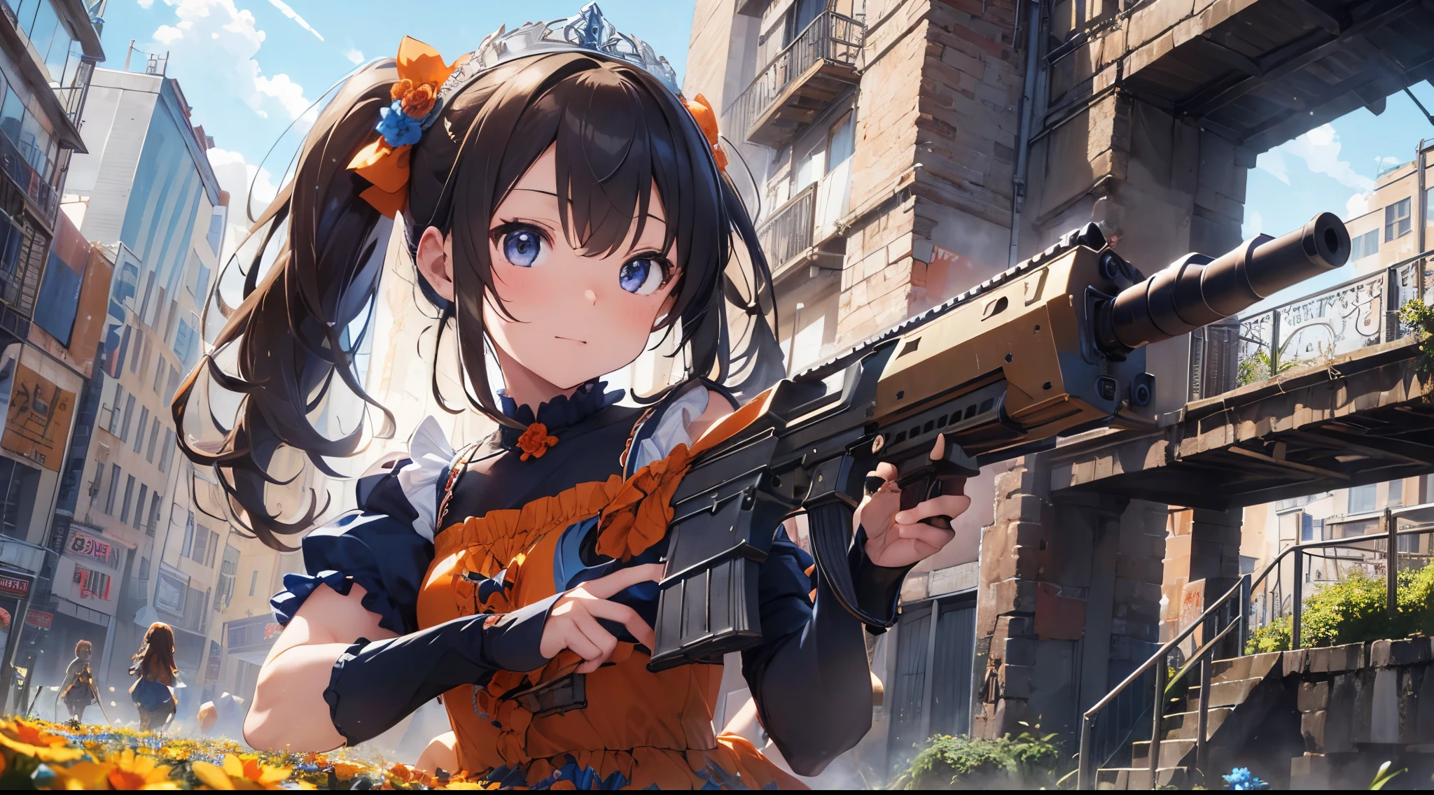 (Best Picture Quality, 4K, High Quality, Masterpiece:1.2), ((Masterpiece)), High Detail, High Quality, (HDR,16k, RAW Beautiful Girl Portrait, Best Picture Quality, Masterpiece:1.2), (Ultra-Definition Illustration), nsfw, , idolmaster, idol costume, young teen, spotlight, extremely cute, brown hair color, twintail hair, sleeveless, detached sleeves, (orange & blue frilled dress with flower stitches:1.1), tiara, (battlefield, outside, holding machine gun:1.3), shooting enemy, aiming, fantasy,