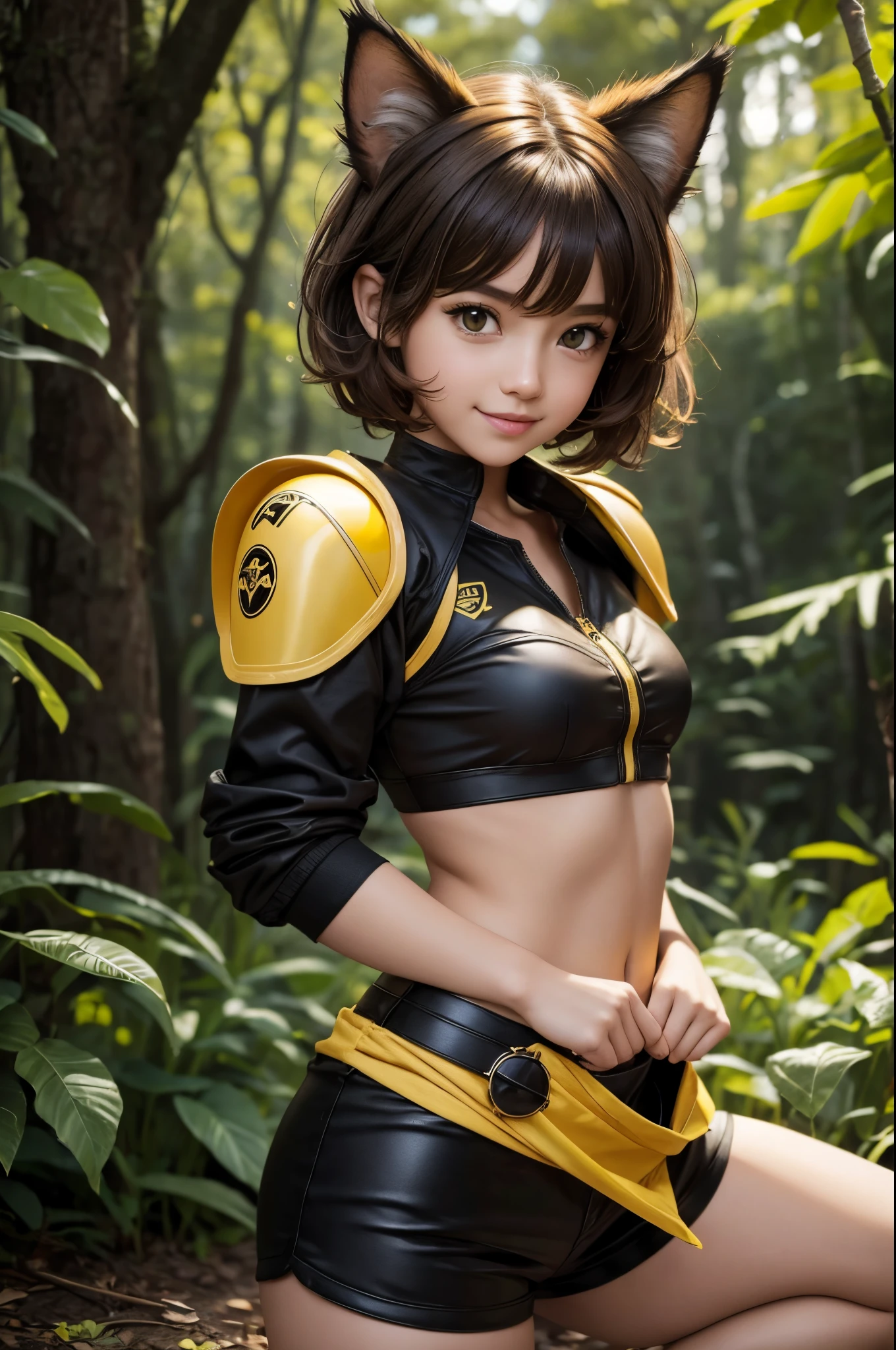 8k,Small-breasted cat girl in black and yellow costume posing for a photo, small breasted cat girl, Attractive girl with bright brown hair and short permed hair, Fantasyart, little cat girl, wojtek fus, small black and yellow chest armor, chiquita, Trending on CGSTATION,in woods,a smile,Light brown permed short hair,Black and yellow shorts,enticing,超A high resolution,real looking skin,