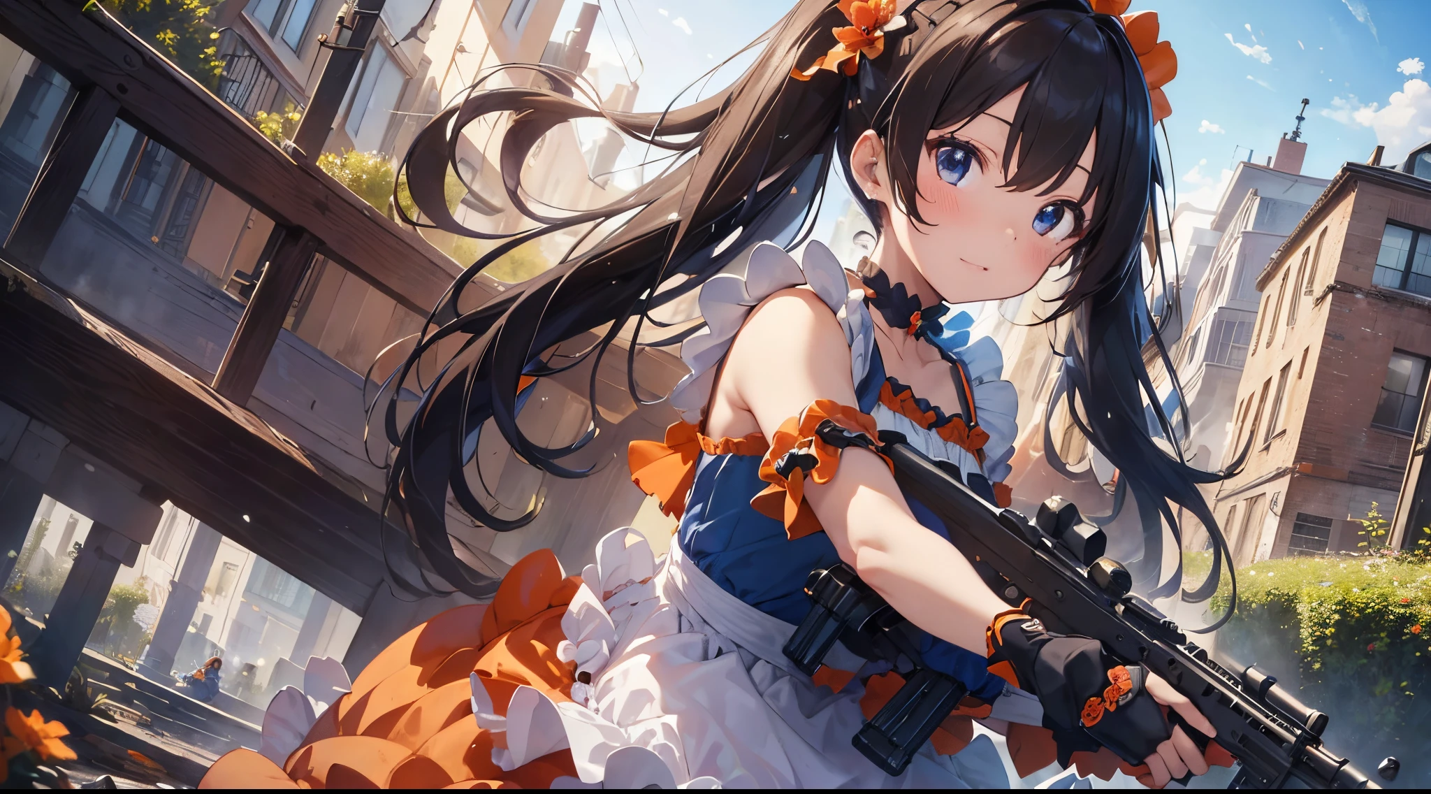 (Best Picture Quality, 4K, High Quality, Masterpiece:1.2), ((Masterpiece)), High Detail, High Quality, (HDR,16k, RAW Beautiful Girl Portrait, Best Picture Quality, Masterpiece:1.2), (Ultra-Definition Illustration), nsfw, , idolmaster, idol costume, young teen, spotlight, extremely cute, brown hair color, twintail hair, sleeveless, detached sleeves, (orange & blue frilled dress with flower stitches:1.1), tiara, (battlefield, outside, holding machine gun:1.3), shooting enemy, aiming, fantasy,