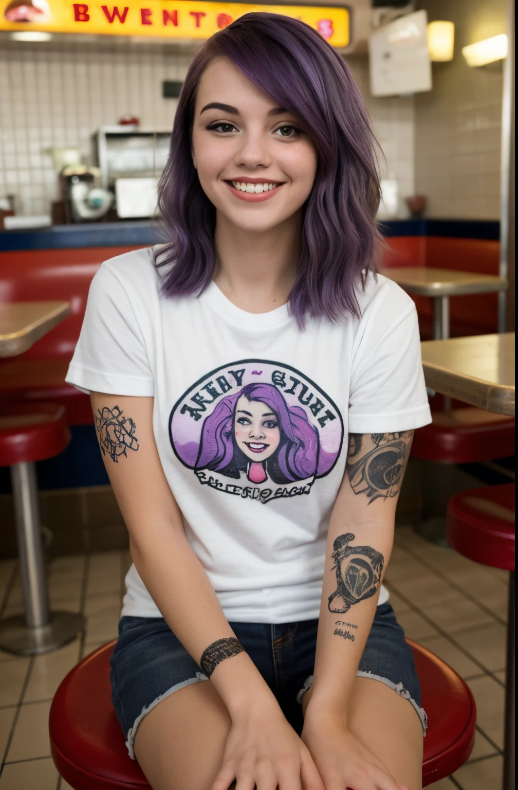 street photography photo of a young woman with purple hair, smile, happy, cute t-shirt, tattoos on her arms, sitting in a 50s diner