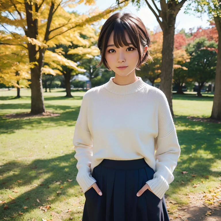 1womanl、24 year old、season、autumnal、a park、Shorthair、skirt by the