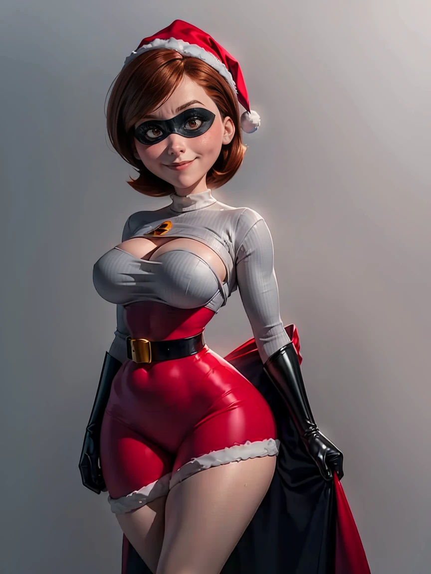 masterpiece, 1girl, (helenparr), (detailed brown eyes), shy, (seductive smile, gift bow), looking at viewer, (sitted on the bed, spreading legs, spread legs at viewer), detailed face, short hair, BREAK ((detailed super-hero mask on face, lace lingerie, red lingerie, detailed lingerie on the body)), (santa hat, detailed santa hat on head), closing one eye, blinking the eye, covered body, medium breasts BREAK (red legwear, thick legs, thin waist, large wide hips), chubby girl, curvy, (arms behind head, detailed armspits) BREAK (detailed pussy, lined pussy, vaginal, juicy pussy, hairy pussy, sagging breasts) BREAK looking at viewer, above view BREAK simple christmas living room, big christmas tree, blur_background