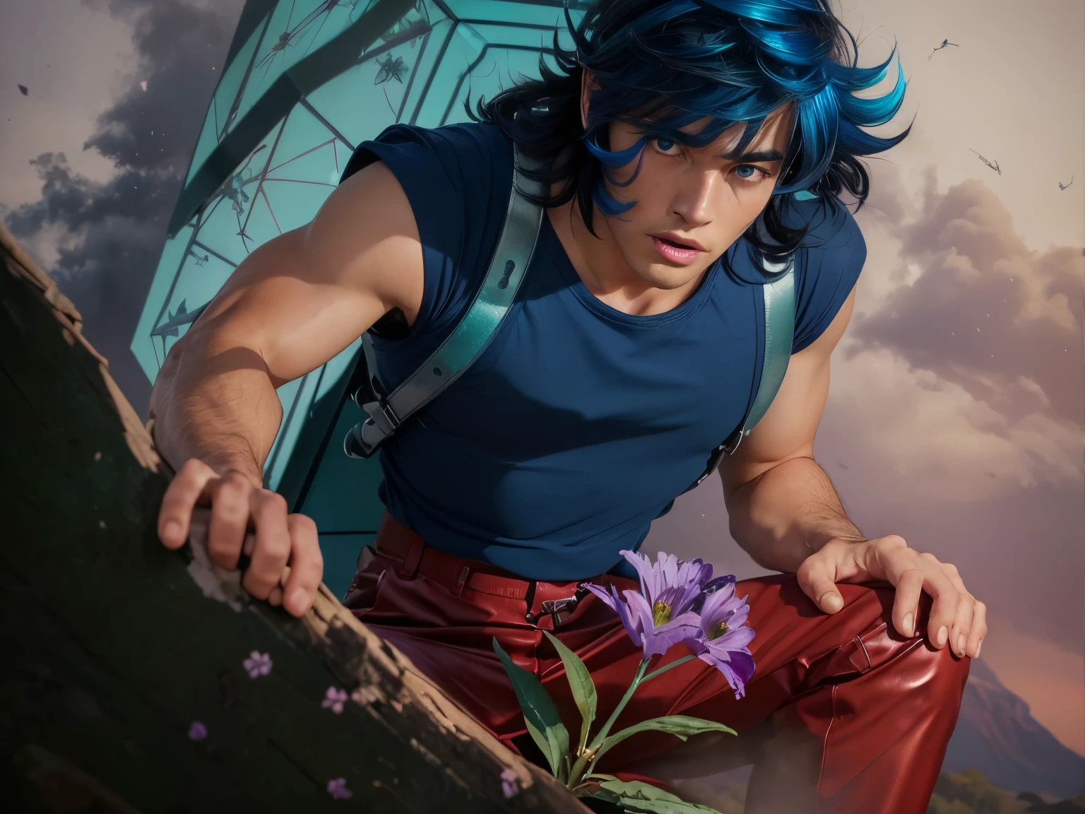 (masterpiece), (realistic), close up, (male) of 20 years old, Japanese (1boy), solo, slightly low view, in one knee, ((handsome man), ((strong face)), ((surprised face)), ((pretty big blue eyes)), ((perfect blue eyes)), short messy blue hair, ((bangs)), hair blowing in the air, (((beardless))), masculine blue t-shirt, red pants, leather straps, ((metallic Chrome box on his back)), looking a purple flower in the ground stem and green leaves), looking the flower, mountains surrounded by mists background, cinematic lighting.