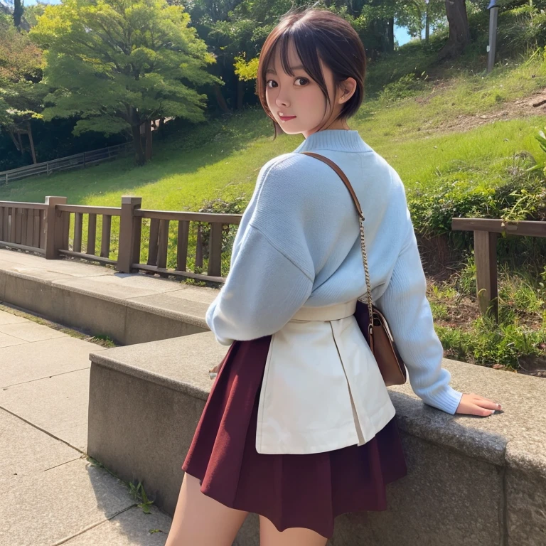 1womanl、20yr old、season、autumnal、a park、Shorthair、skirt by the