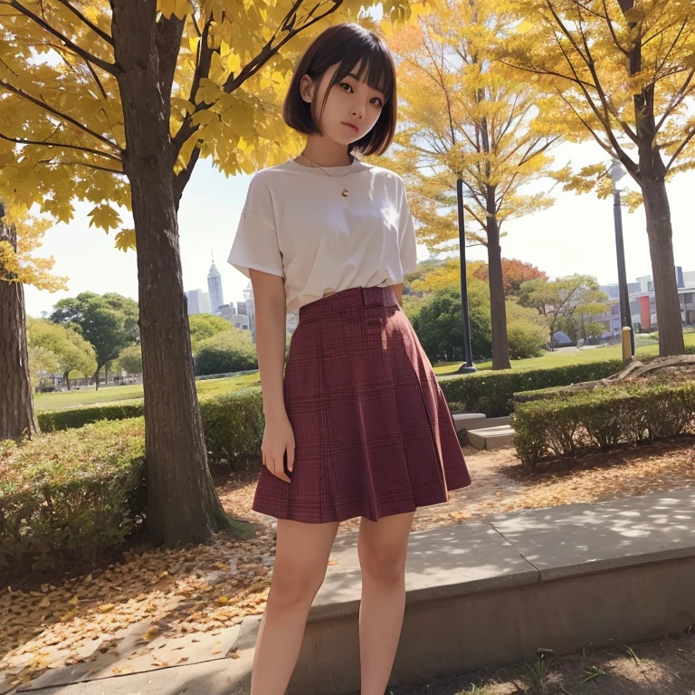 1womanl、20yr old、season、autumnal、a park、Shorthair、skirt by the