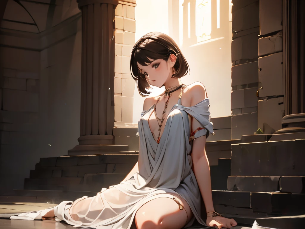 girl sitting on the ground, linen clothing, Slave collar, Slave chains