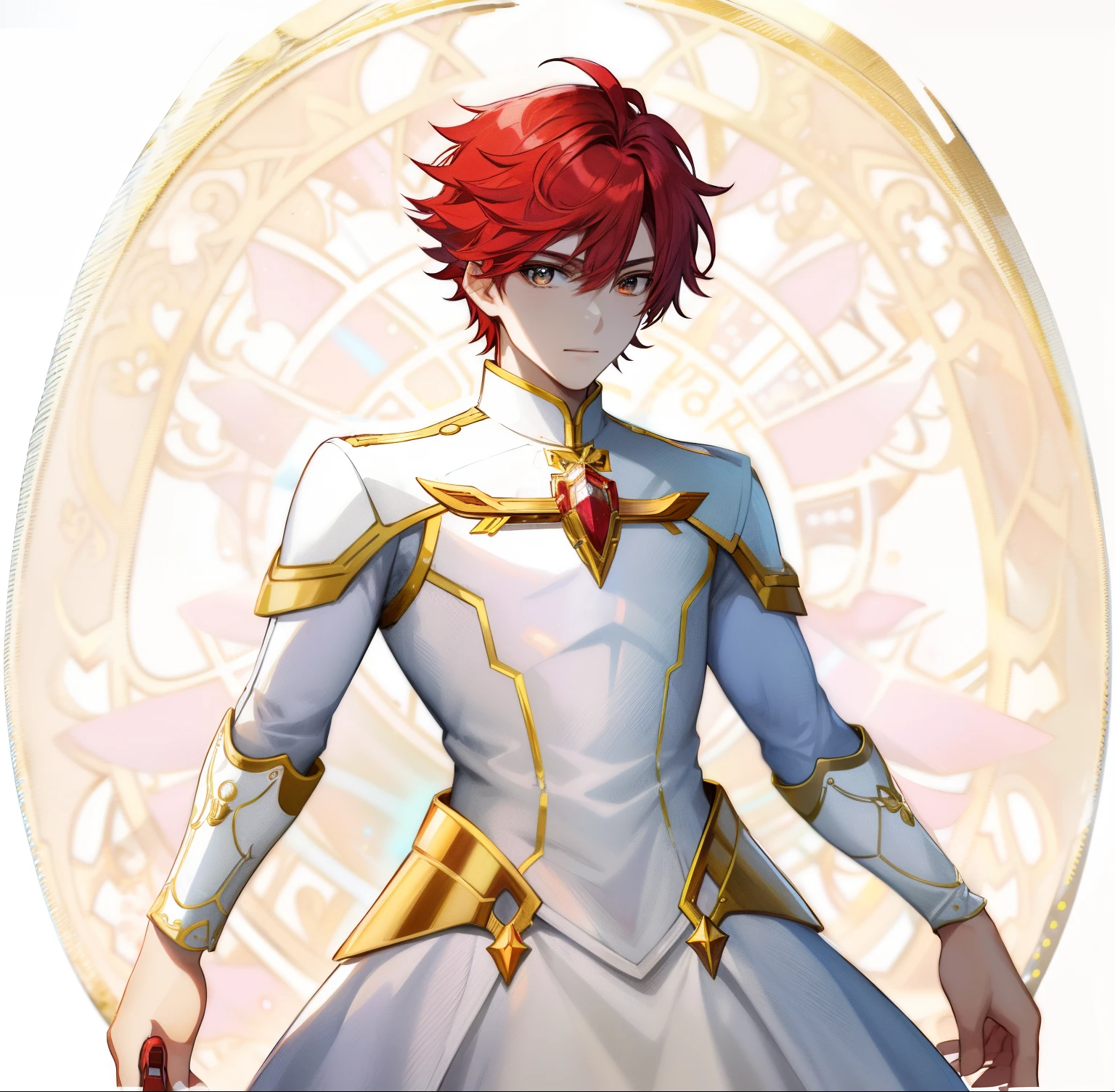 Anime boy with red hair and white dress, Zodiac Boy Knight, zodiac boy portrait knight, prince of the galaxy, drawn in the style of artgerm, Dress Boy, In a white dress, the enchanted prince, Commission for high resolution, detailed fan art, ruby prince,