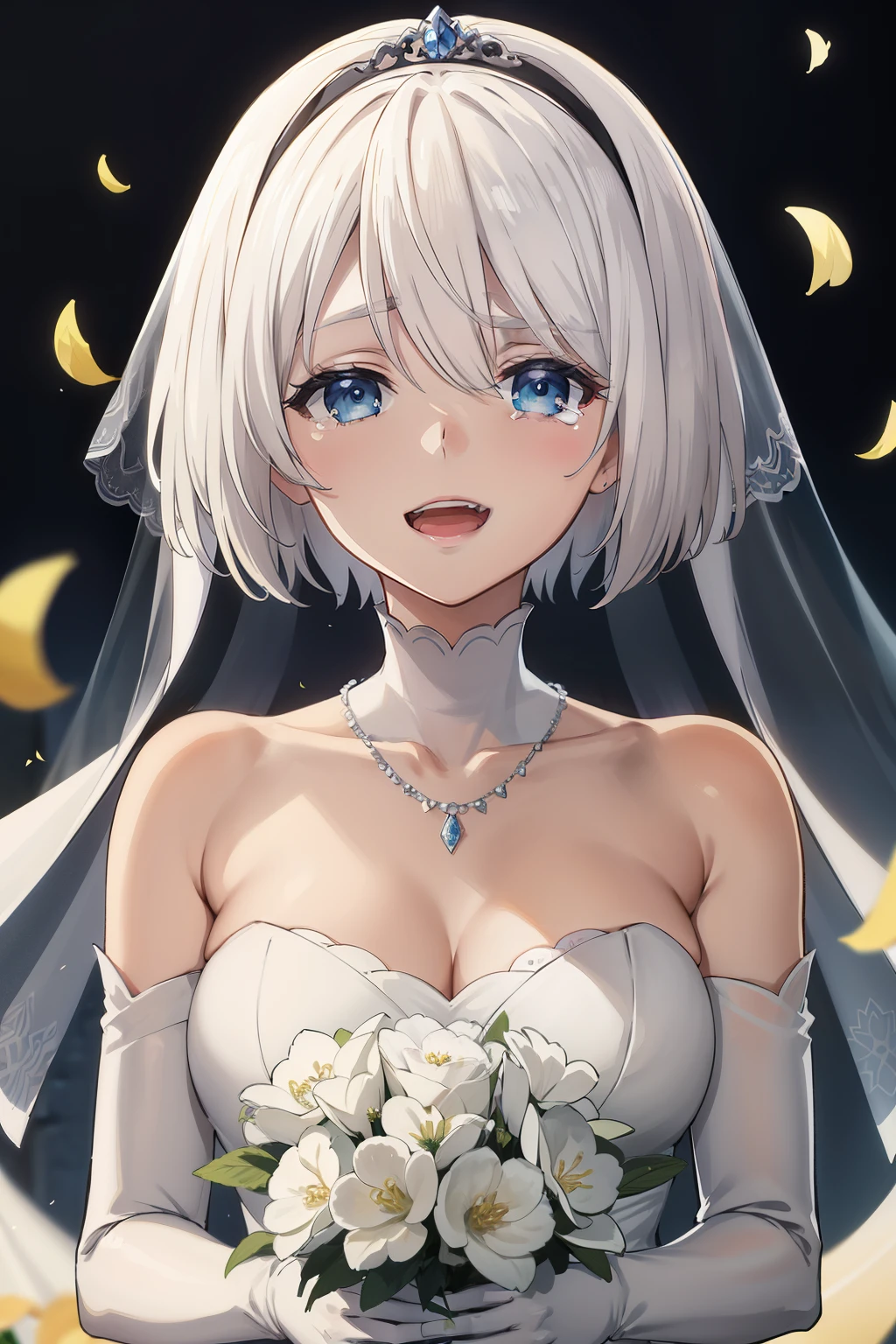 masterpiece, best quality, highres, aaichika, tiara, bridal veil, necklace, cleavage, wedding dress, strapless dress, white dress, white gloves, elbow gloves, garden, smile, open mouth, tears, upper body, confetti, holding bouquet, bouquet, yorha no. 2 type b, short white hair, blue eyes
