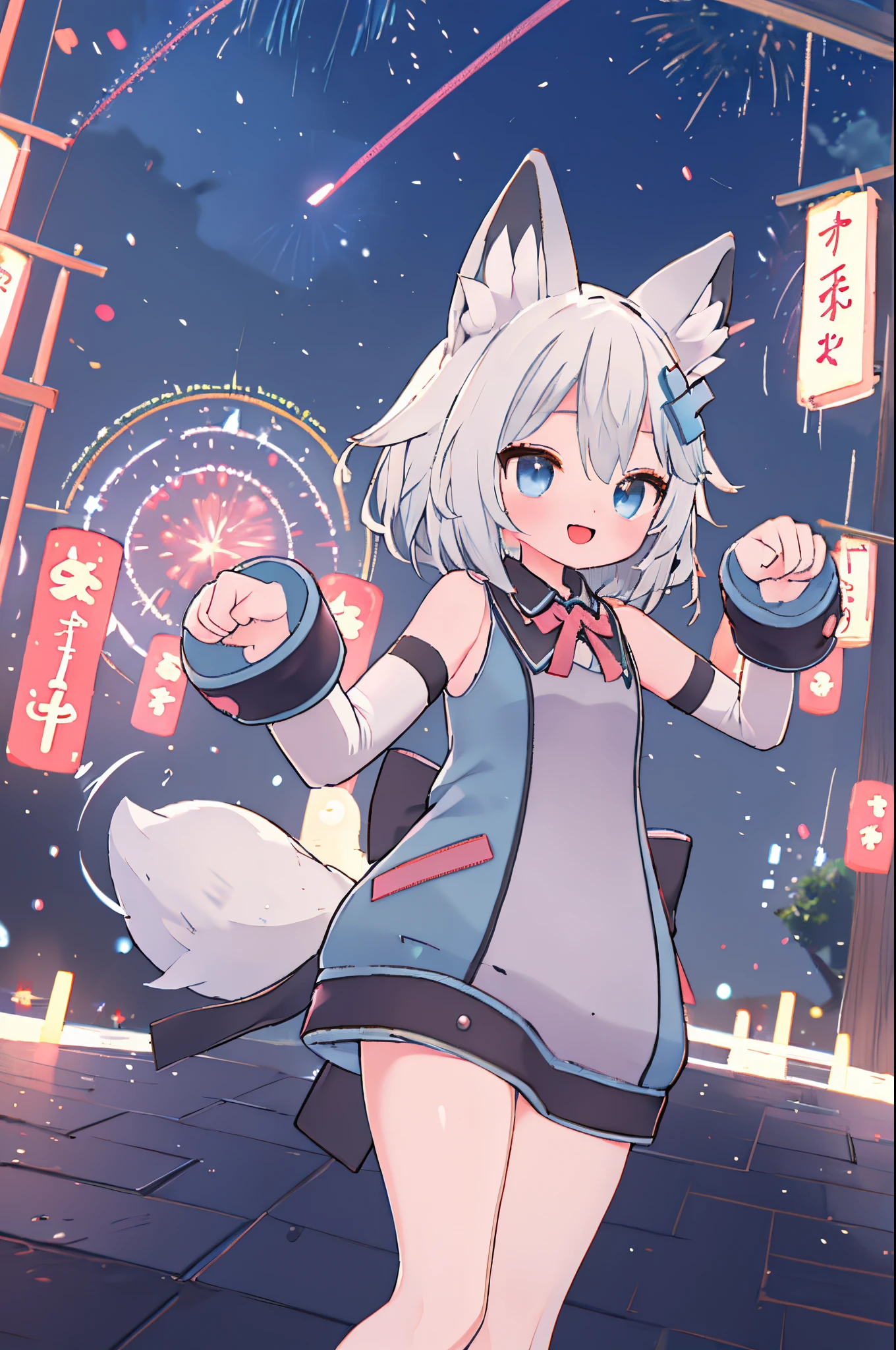 Masterpiece, Best Quality, 1girl, 独奏, virtual youtuber, white colored hair, gray hairs, Hair between the eyes, Bangs, blue eyes, animal ears, animal ear fluff, tail, Fox ears, Foxtail, hair ornament, x hair ornament, Dress, thights, thights, black thighs, Sleeveless, detached sleeves, long sleeves, sleeveless shirt, bare shoulders, bow, exteriors, night time, night  sky, Fireworks, Summer Festival, :D, paw pose,