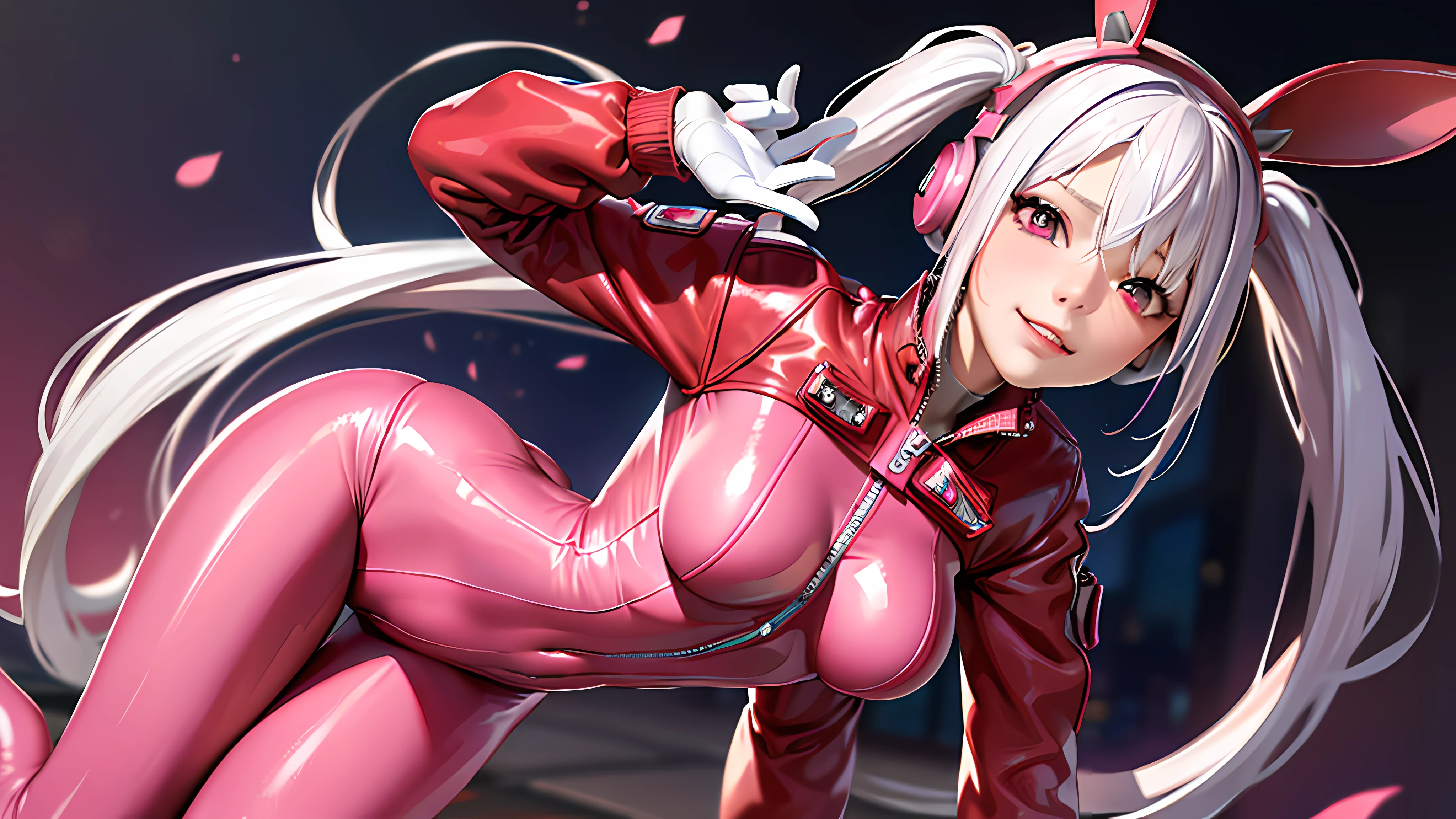 (photorealistic:1.4),best quality, ultra high res,
4k, instagram,
higly detailed, ((SFW))
alice \(nikke\),(pink full bodysuit:1.3),animal ears, (fake animal ears:1.2), gloves, headphones, headset,
(red jacket:1.5),(latex full bodysuit:1.3),(pink latex bodysuit:1.2), pink eyes,(twintails:1.2), white gloves, (white hair:1.3),
VirtualGirl-Aim, medium , crystal pendant, smile,
blurry background,