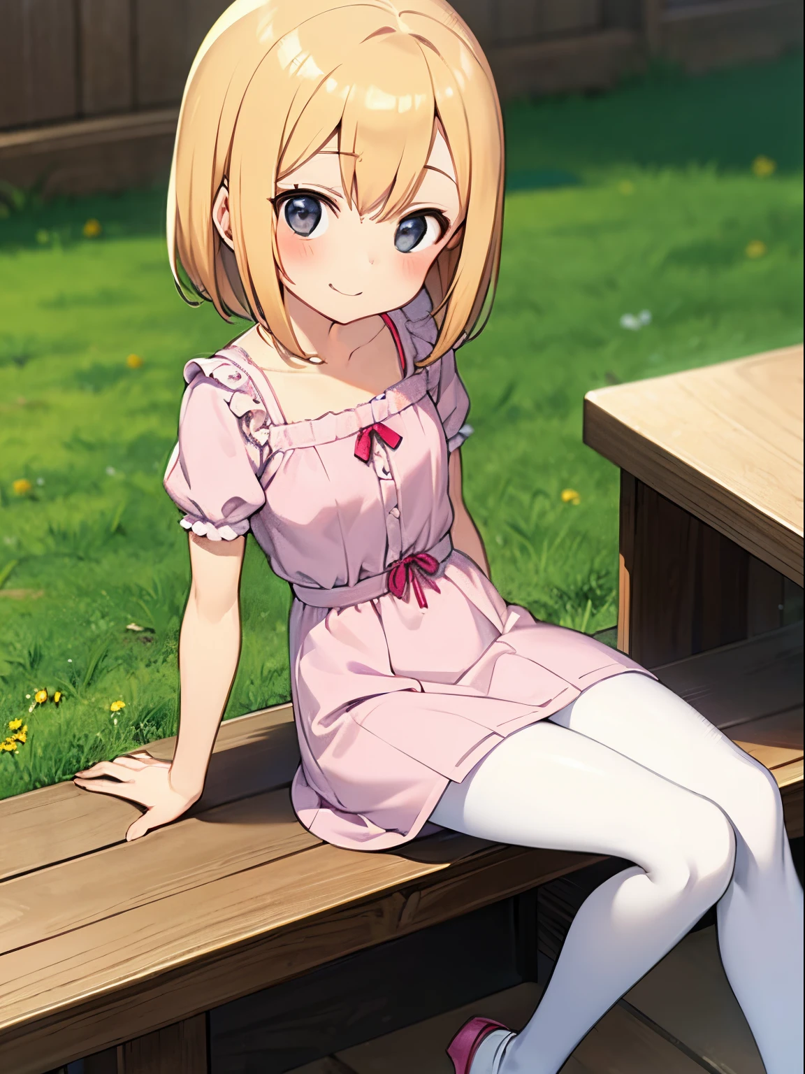 loli,blonde hair , short dress, white pantyhose,Cute legs