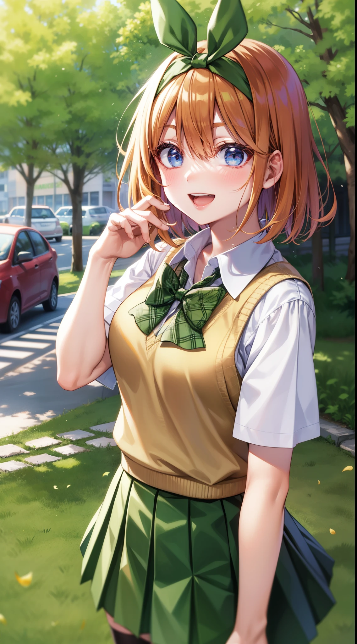 yotsuba nakano, bangs, short hair, blue eyes, hair between eyes, hair ribbon, hairband, orange hair, green ribbon,skirt, shirt, bow, ribbon, school uniform, white shirt, short sleeves, pleated skirt, shoes, socks, collared shirt, miniskirt, bowtie, black footwear, kneehighs, green skirt, black socks, loafers, green bow, sweater vest, green ribbon, knee socks, outdoors, excited, laugh, looking at viewer,