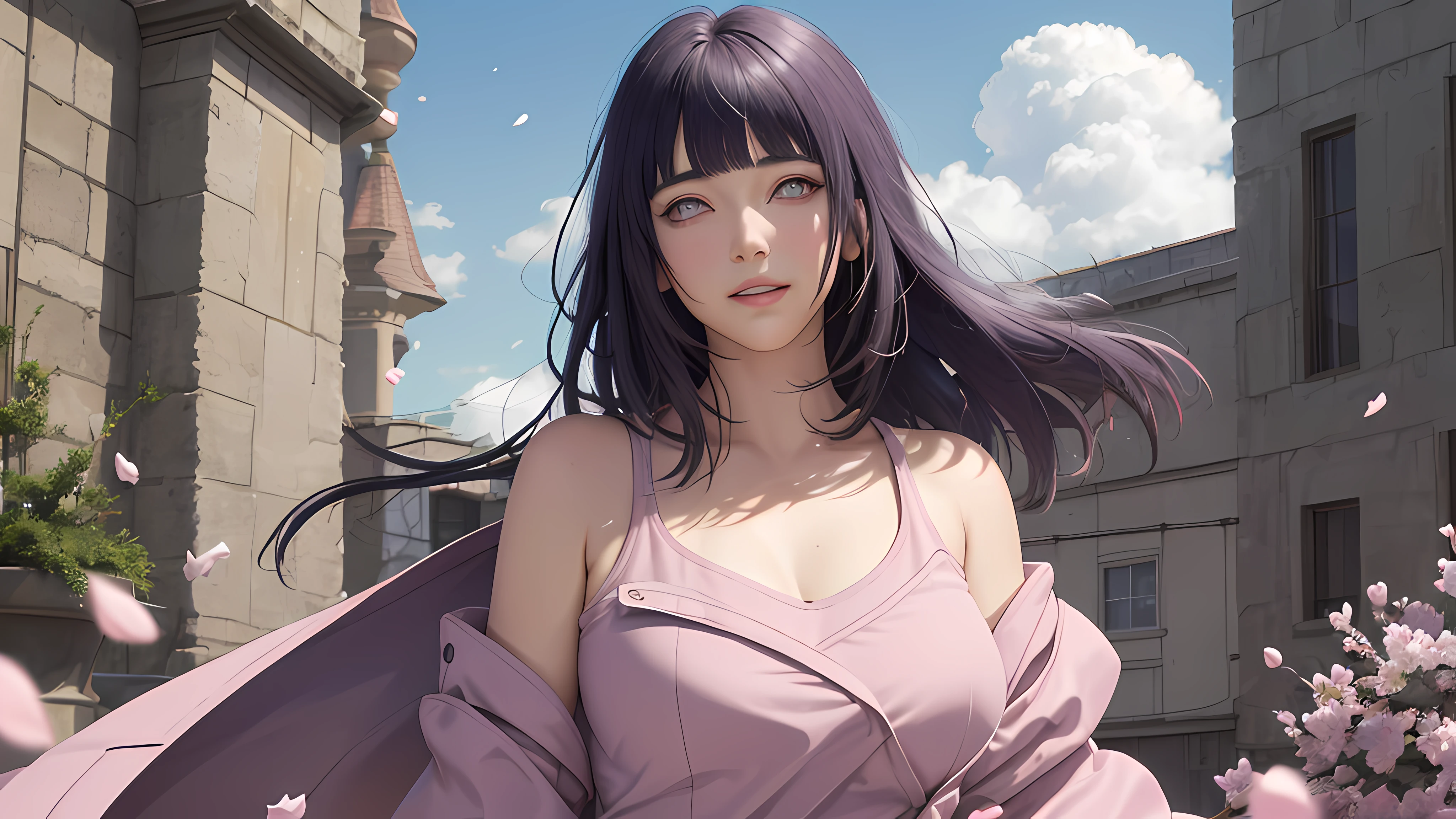 masterpiece, absurdres, hinata\(boruto\), 1girl, solo,mature female, purple hoodie,layered sleeves, brown pants, outdoors,lavender flower field, looking at viewer, (falling petals), cloudy sky, perfect composition, detailed lips, big breast, beautiful face, body propotion, blush, (pink lips), long hair, purple eyes, soft gaze, sad smile, super realistic, detailed, photoshoot, realistic face and body, realistic hair, realistic eyes, realistic nose, realistic lips