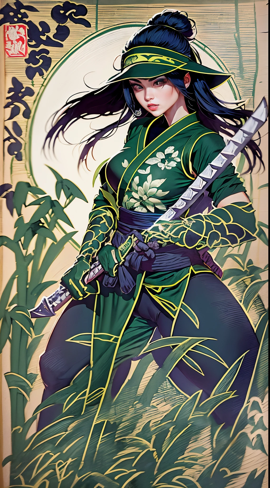 Akali, a lithe and agile ninja, gracefully navigating a moonlit bamboo forest, her silhouette casting shadows on the ground. The moonlight reveals the intricate details of her ninja outfit, emphasizing dark shades, while her eyes gleam with determination. She wields kunai, ready for action. Illustration, traditional Japanese ink painting on rice paper