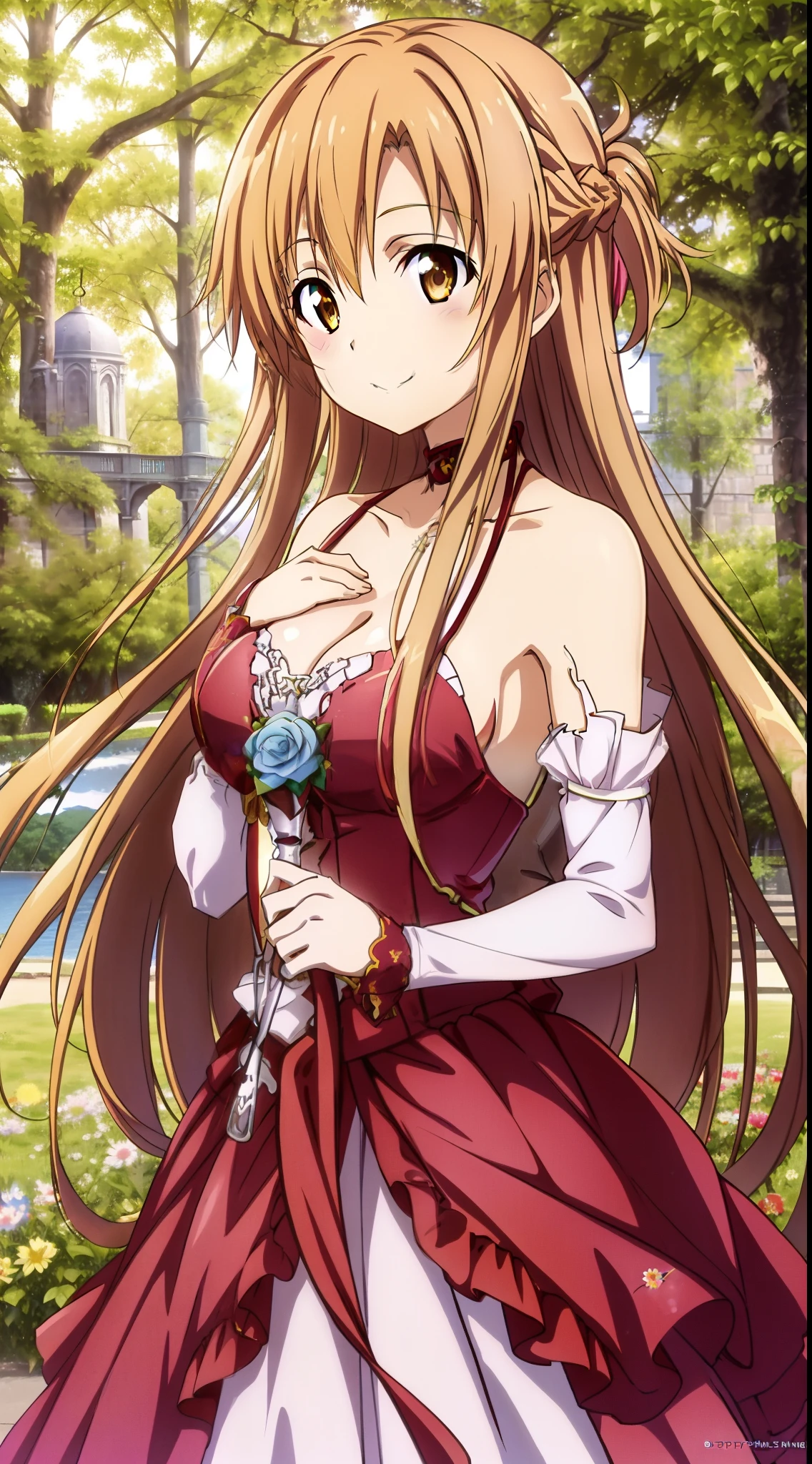 1girl, yuuki_asuna,solo, fantasy, sunshine,looking away, best quality, scenery ,gender smile, wearing dress, flowers