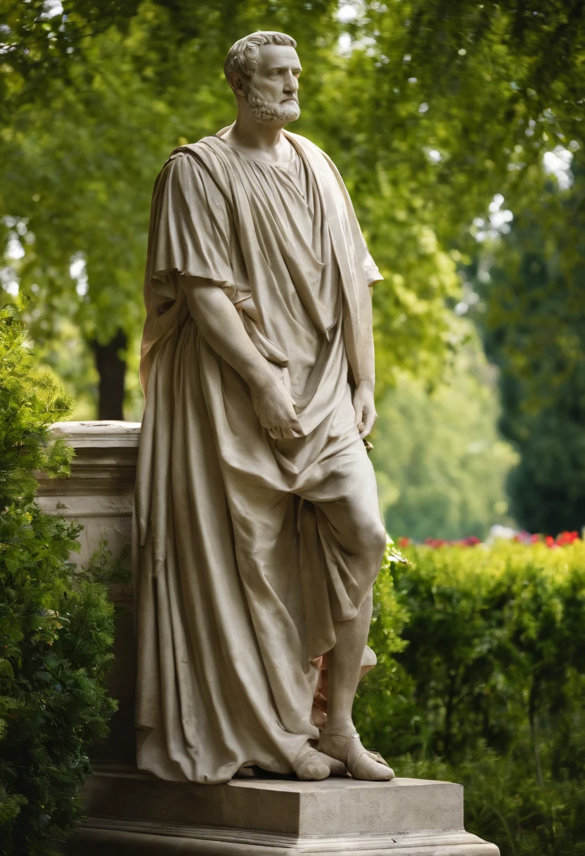 A photo of Cicero enjoying a leisurely stroll through the beautiful gardens of Villa Borghese.,Roman Republic,Marcus Tullius Cicero has a slender and tall build with a prominent forehead and high hairline. He has a long, thin face, a straight nose and a sharp chin. He has expressive and animated facial expressions. Meticulous in his appearance. Often wears a Roman Toga. He pays attention to his hair and beard.
