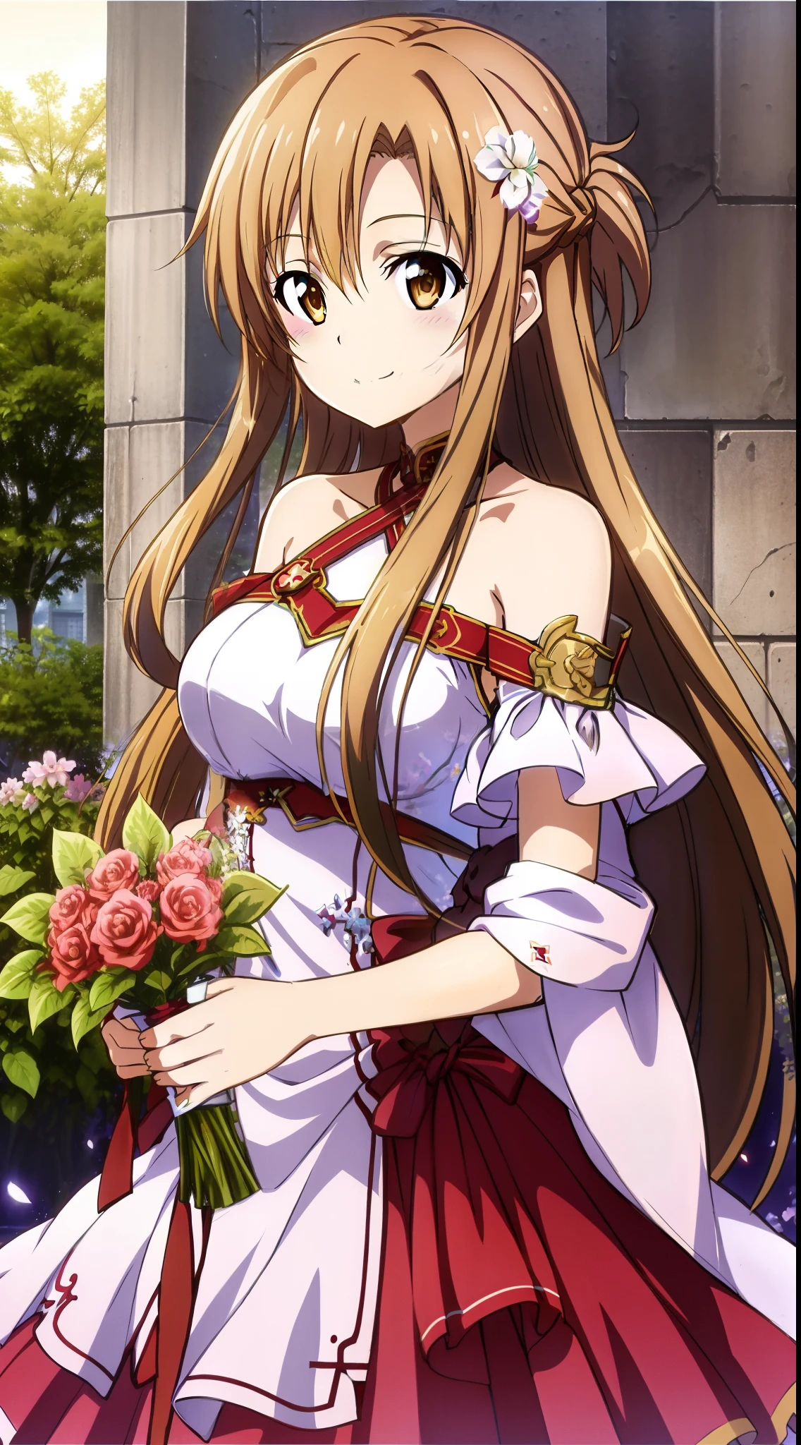 1girl, yuuki_asuna,solo, fantasy, sunshine,looking away, best quality, scenery ,gender smile, wearing dress, flowers