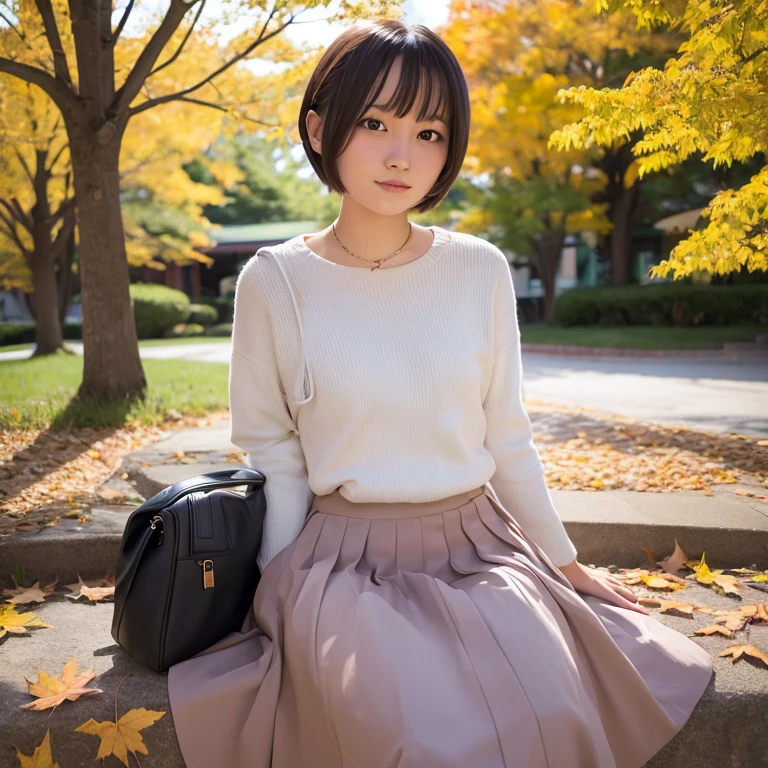 1womanl、20yr old、season、autumnal、a park、Shorthair、skirt by the