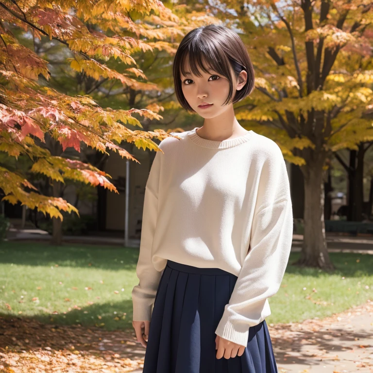 1womanl、20yr old、season、autumnal、a park、Shorthair、skirt by the