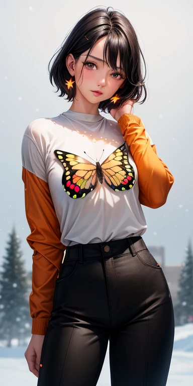 realistic, 1girl, black hair, honey brownish eyes, glowing eyes, butterfly cut shirt orange and black , grey oversized trouser , parted lips, blush, snowy land, snowflakes, stars, galaxy arm,