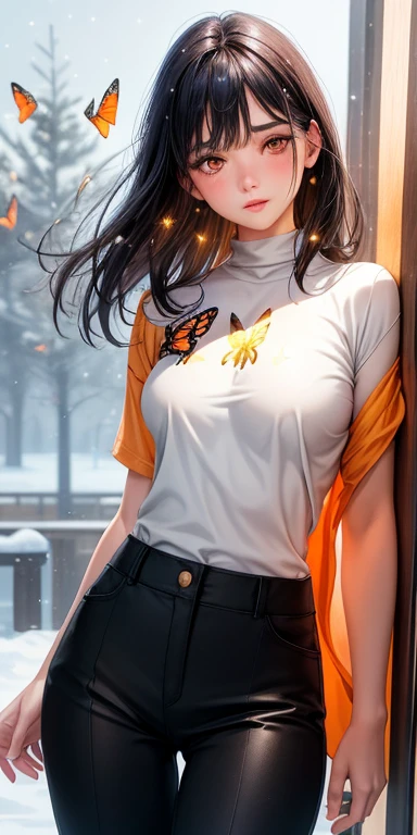 realistic, 1girl, black hair, honey brownish eyes, glowing eyes, butterfly cut shirt orange and black , grey oversized trouser , parted lips, blush, snowy land, snowflakes, stars, galaxy arm,