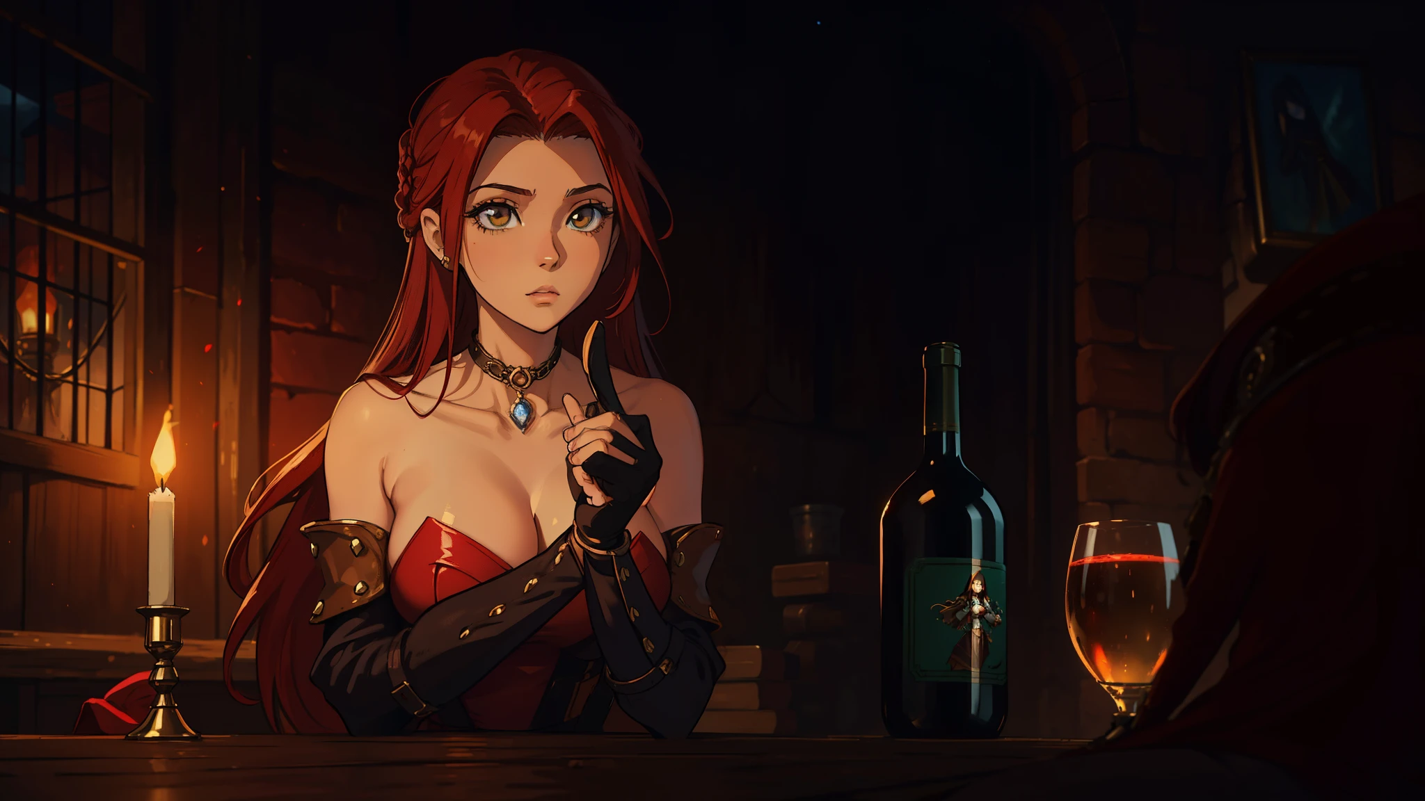 Erza Scarlet is one of the main characters in the series. The young woman with scarlet hair and brown eyes is described by Lucy Heartfilia herself as an amazing woman, very strict and who does not admit when others make mistakes. She is a slender figure with well-drawn curves. Seu traje mais comum consiste em un espartilho feito sob medida, A pair of red pants, Botas pretas e brincos em forma de diamante, in high resolution, circunstanciado, uma arte para um Jogo de rpg ((melhor qualidade)) ((olhos bonitos)) ((Steampunk)) ((sozinho)) ((VINHO)) Ela vem bebendo um copo de VINHO