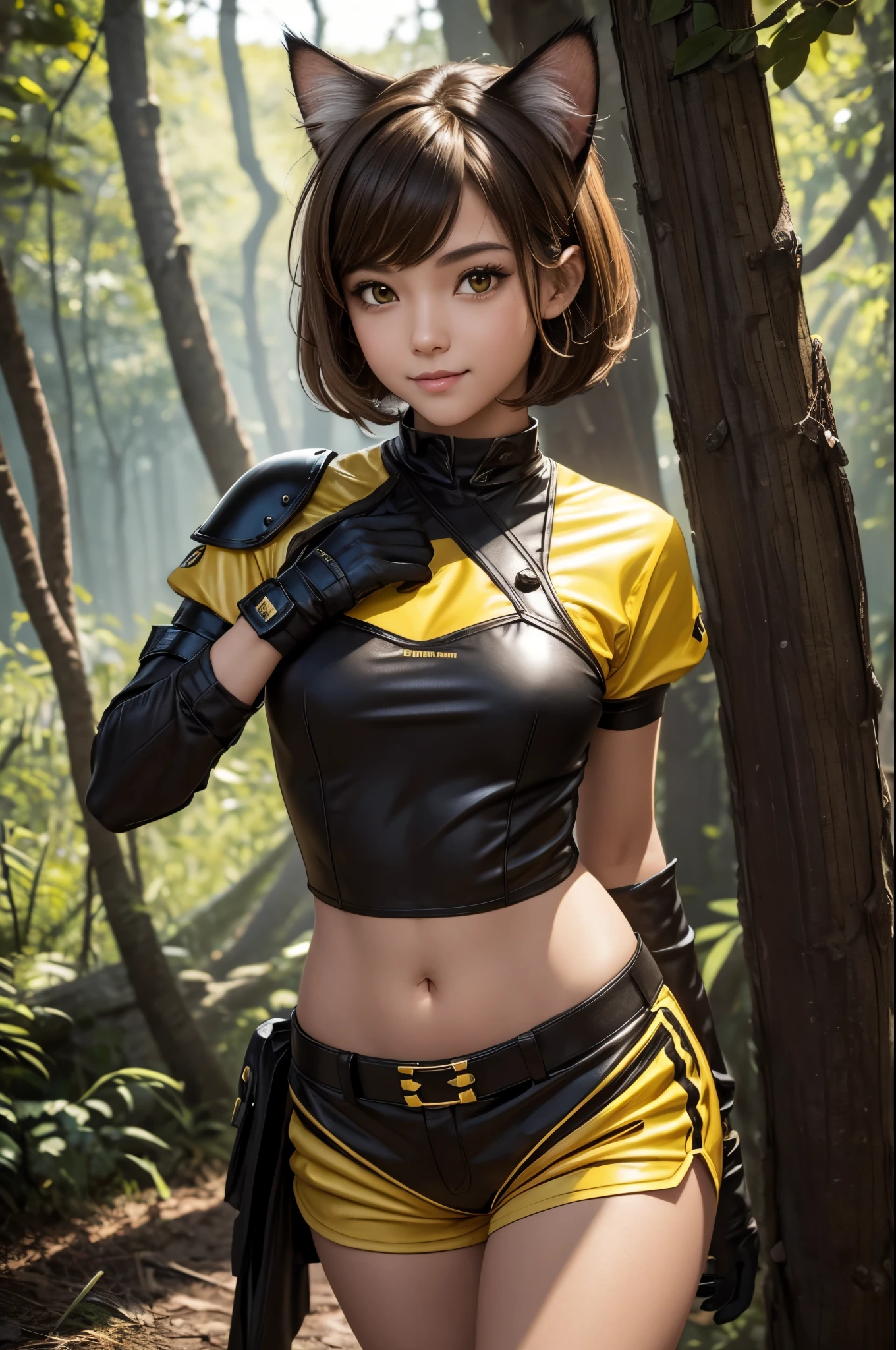 8k,Small-breasted cat girl in black and yellow costume posing for a photo, small breasted cat girl, Attractive girl with bright brown hair and short permed hair, Fantasyart, littleirl, wojtek fus, sexy black and yellow small chest armor, chiquita, Trending on CGSTATION,in woods,a smile,Light brown permed short hair,Black and yellow shorts,enticing,超A high resolution,real looking skin,A sexy,Cat's eyes,
