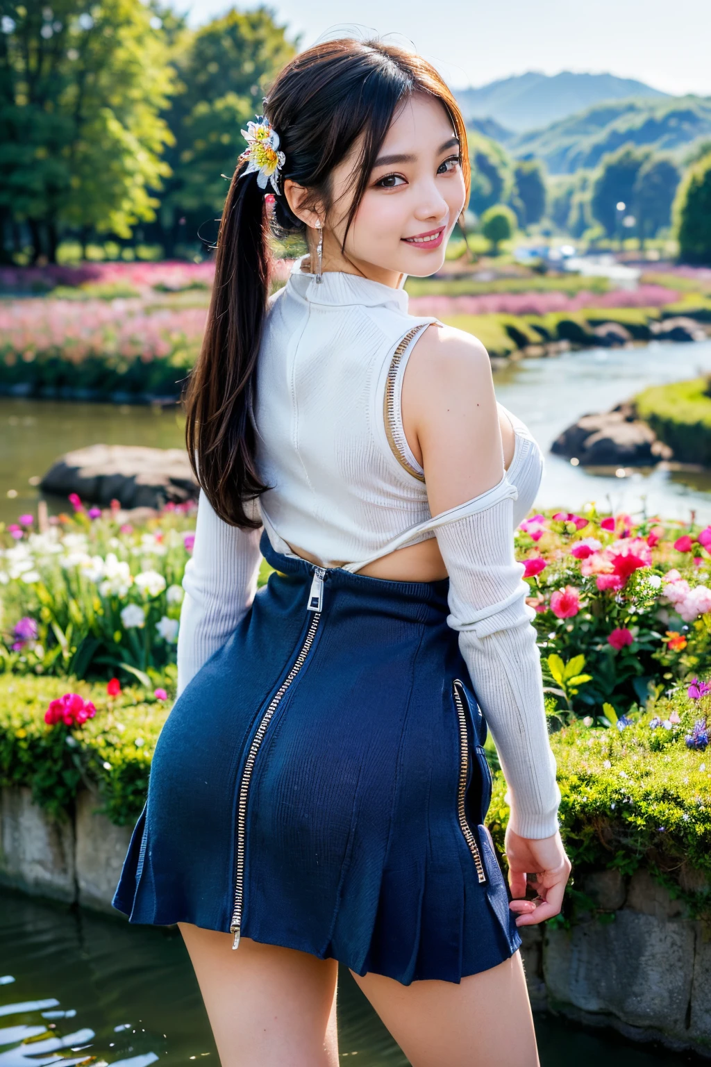 One super beautiful beautiful Korean woman,masutepiece, Best Quality, Ultra-detailed, finely detail, hight resolution, in 8K, ((Photorealsitic:1.4, Raw photography, 超A high resolution,Top image quality: 1.4)), ((Super Korean idol-class beauty:1.3)), (face is round and small), (((The nose is symmetrical and narrow:1.4))),(The ratio of the transcendental nose is symmetrical and small and high.),Wallpaper, ((1 with perfect full body composition.5)), Beautiful detailed eyes, Natural Color Lip, ((a serene smile:1.5)), ((Random and cute bangs see-through hairstyle)), ((Cute knit long half zip with zipper on collarbone area:1.5)), ((big breast size:1.7、cleavage of the breast:1.1)), ((Wear random and cute skirts:1.5)), ((Only one mole just above the tear bag:1.2)),((Midwinter flower garden and river in the background:1.4)), ((random happy expression)),Highly detailed and natural lighting)),((thigh visible:1.5)),BREAK((I hold the hand of someone other than myself that has reached out.:1.5)),date with a man:1.5,Looks like a random little devil:1.3,(((Looking back:1.4))),(((Pull your hand:1.3)))