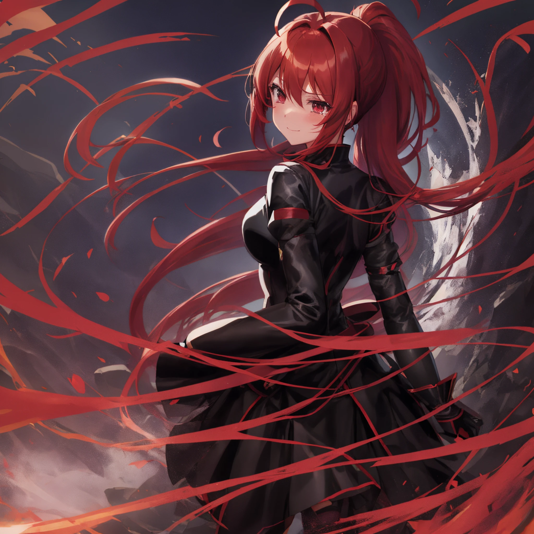 red hairs、Ahoge、poneyTail、red eyes、A slight smil、tears、anime girl in black costume, posterior view、No background