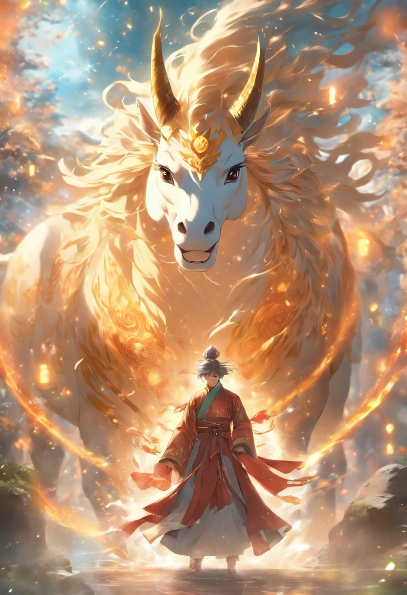 (tmasterpiece), (Best quality at best), Cinematic quality，Rendered by Octane，Ultra-detailed details，1 boy,Cool action，Wearing ancient Chinese Hanfu，(Ancient Chinese Formation:1.2),Energy surrounds，Voldemort，light particle fluid，Fairy air fluttering，Luminous magic circle，Summon ancient beasts，A huge unicorn auspicious beast，