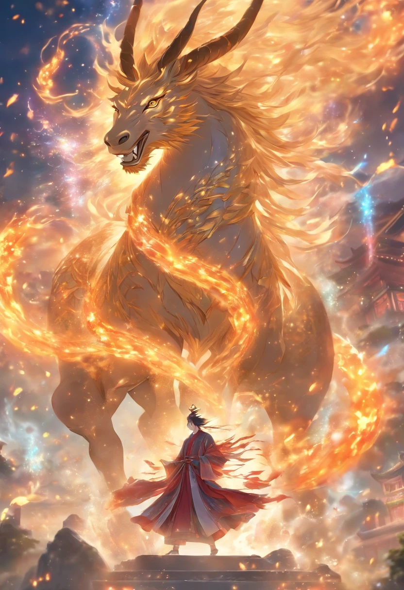 (tmasterpiece), (Best quality at best), Cinematic quality,Rendered by Octane,Ultra-detailed details,1 boy,Cool action,Wearing ancient Chinese Hanfu,(Ancient Chinese Formation:1.2),Energy surrounds,Voldemort,light particle fluid,Fairy air fluttering,Luminous magic circle,Summon ancient beasts,A huge unicorn auspicious beast,