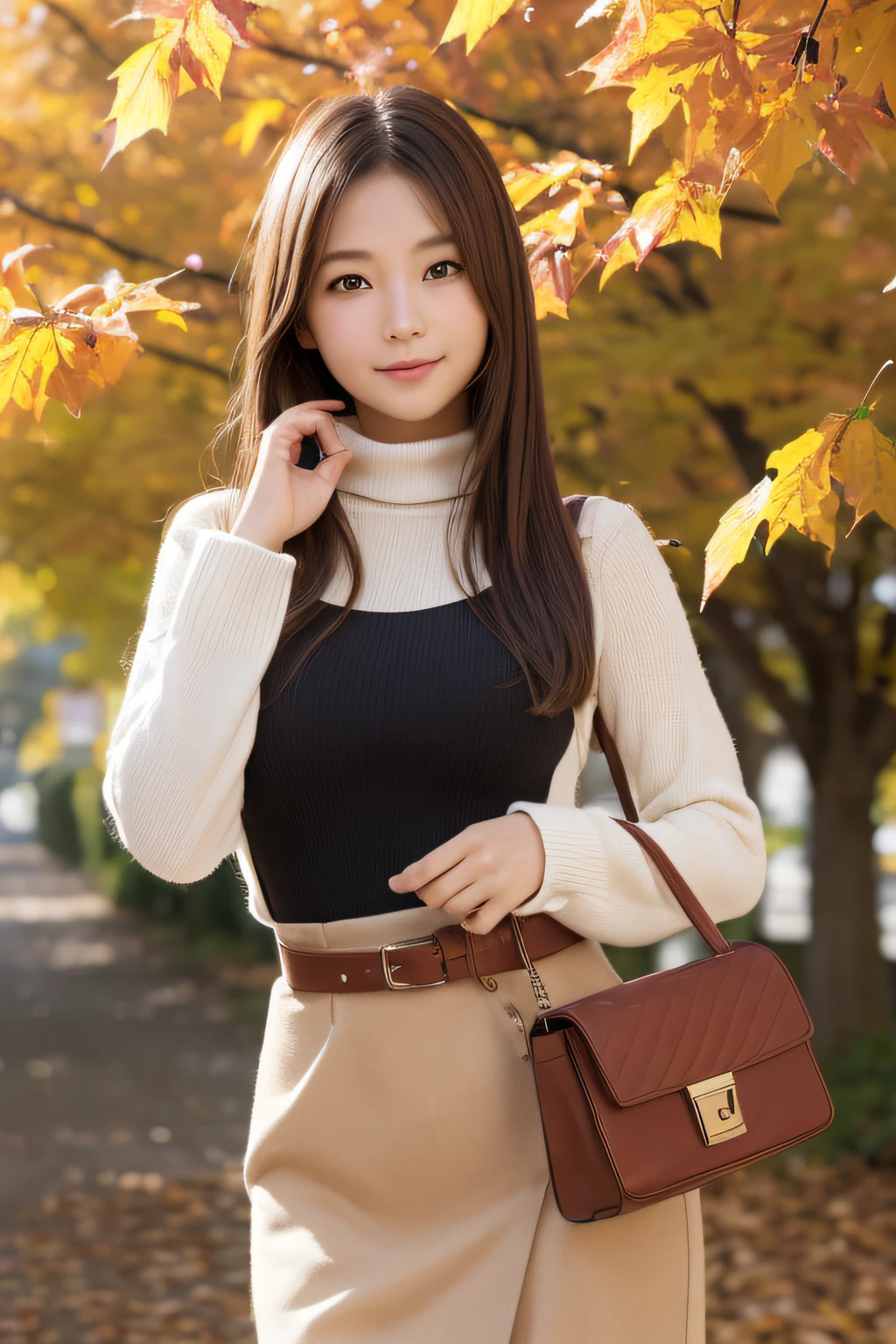 masutepiece、Best Quality、 ultra-detailliert、hight resolution、8K Wallpapers、Perfect dynamic composition,、Beautiful detailed eyes、(Beautiful Large Breasts:1.4)、masutepiece,Best Quality,Ultra-detailed,finely detail,hight resolution,in 8K,((Photorealsitic:1.4,Raw photography,超A high resolution,Top image quality:1.4)),Cute Girl、High school students、１７age、A slender、a small face、Big eyes、ssmile、Brown hair、The long-haired、straight haired、Light brown long-sleeved knit with small turtleneck、Compact shoulder bag、The belt of the bag passes through the chest、long red skirt、Tree-lined avenue of autumn leaves、