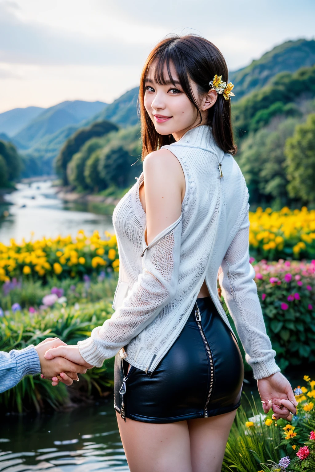 One super beautiful beautiful Korean woman,masutepiece, Best Quality, Ultra-detailed, finely detail, hight resolution, in 8K, ((Photorealsitic:1.4, Raw photography, 超A high resolution,Top image quality: 1.4)), ((Super Korean idol-class beauty:1.3)), (face is round and small), （((The nose is symmetrical and narrow:1.4))）,(The ratio of the transcendental nose is symmetrical and small and high.),Wallpaper, ((1 with perfect full body composition.5)), Beautiful detailed eyes, Natural Color Lip, ((a serene smile:1.5)), ((Random and cute bangs see-through hairstyle)), ((Cute knit long half zip with zipper on collarbone area:1.5)), ((big breast size：1.7、cleavage of the breast:1.1)), ((Wear random and cute skirts:1.5)), ((Only one mole just above the tear bag:1.2)),((Midwinter flower garden and river in the background:1.4)), ((random happy expression)),Highly detailed and natural lighting)),((thigh visible:1.5)),BREAK((I hold the hand of someone other than myself that has reached out.：1.5)),date with a man：1.5,Looks like a random little devil：1.3,(((Looking back:1.4))),(((Holding hands and hands：1.3)))