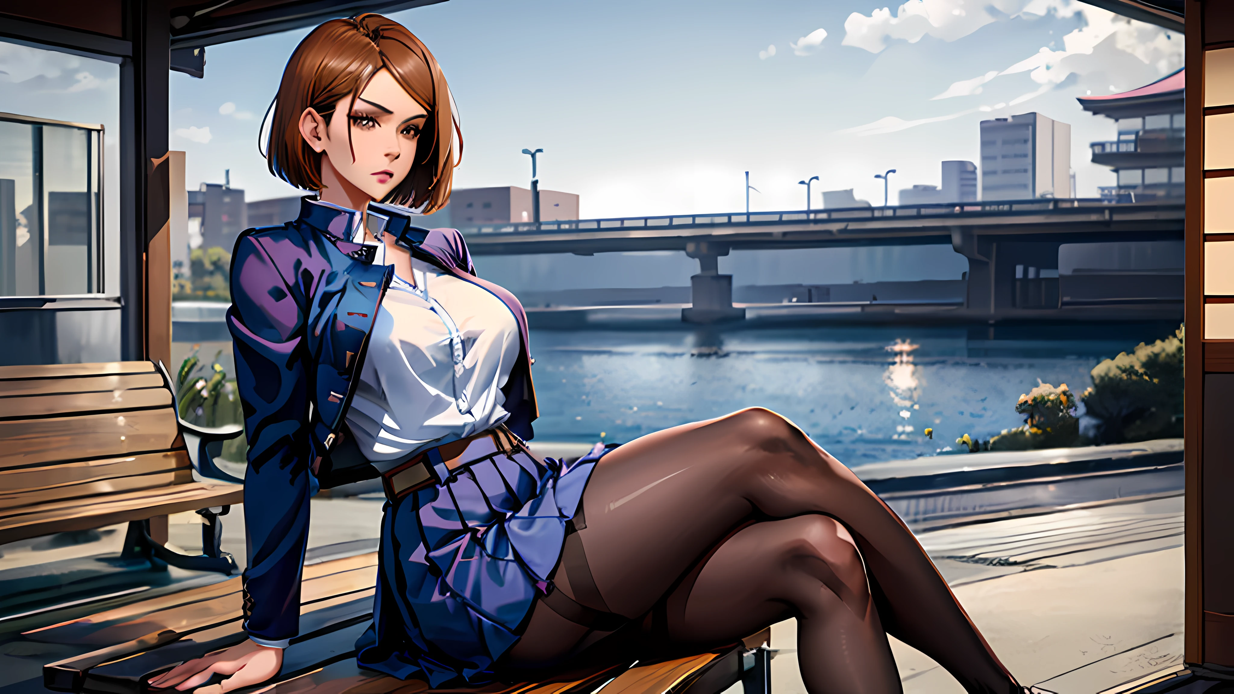 (masterpiece, best quality, ultra detailed, absurdres)1.5, 1girl, (sexy, beautiful woman, perfect face, perfect eyes, perfect female body, huge breasts)1.5, (nobara kugisaki, bob cut, brown hair, lips, short hair, belt, brown belt, brown pantyhose, crop top, crop top overhang, JUJUTSU TECH UNIFORM, jacket, gakuran, pantyhose, pleated skirt, shirt tucked in, skirt, blue skirt, blue crop top, loafers, ), (sitting, bench, Japanese train station, Japanese city in background, shopping bag), perfect lighting, smooth, hdr